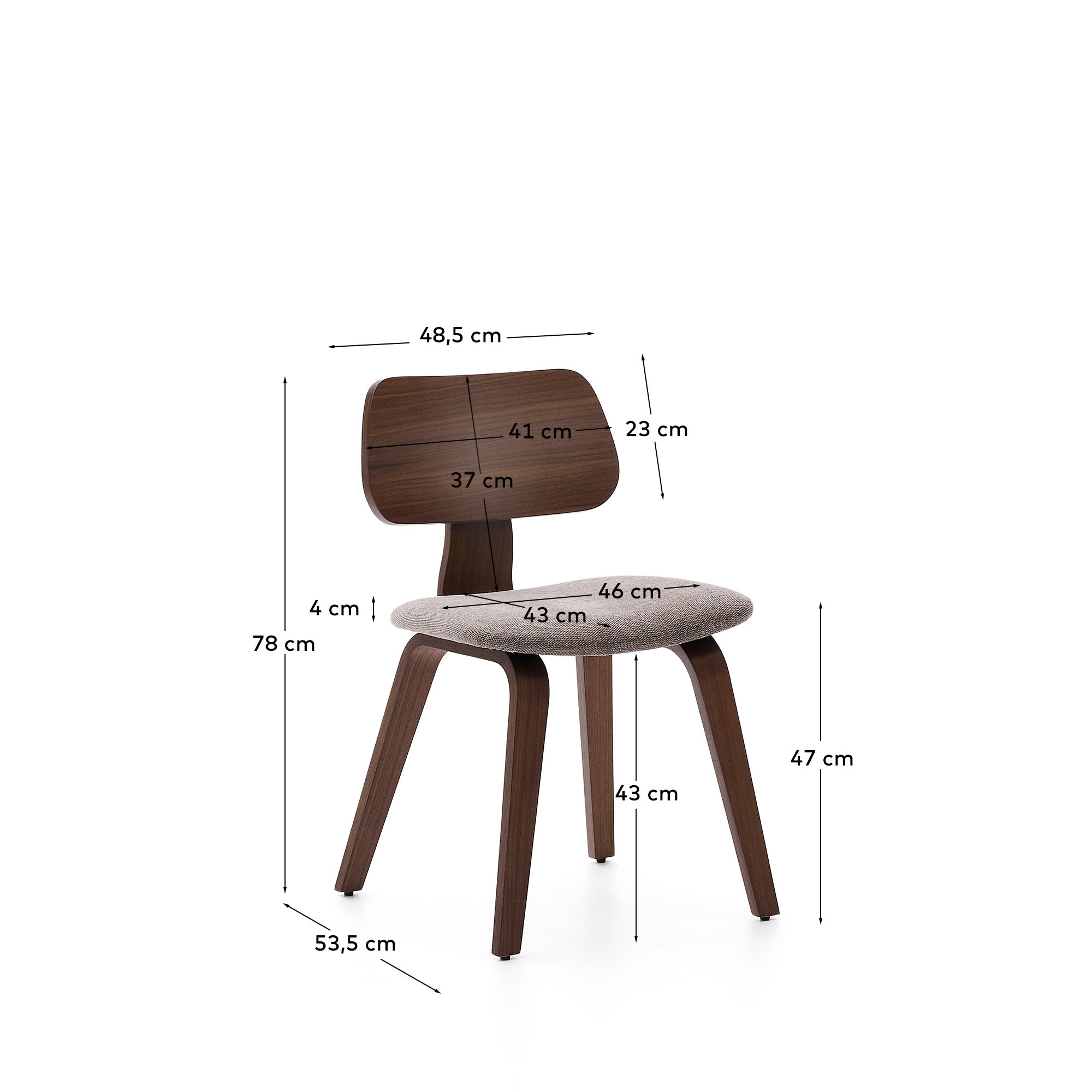 Gena chair in walnut veneer and beige chenille - Measurements