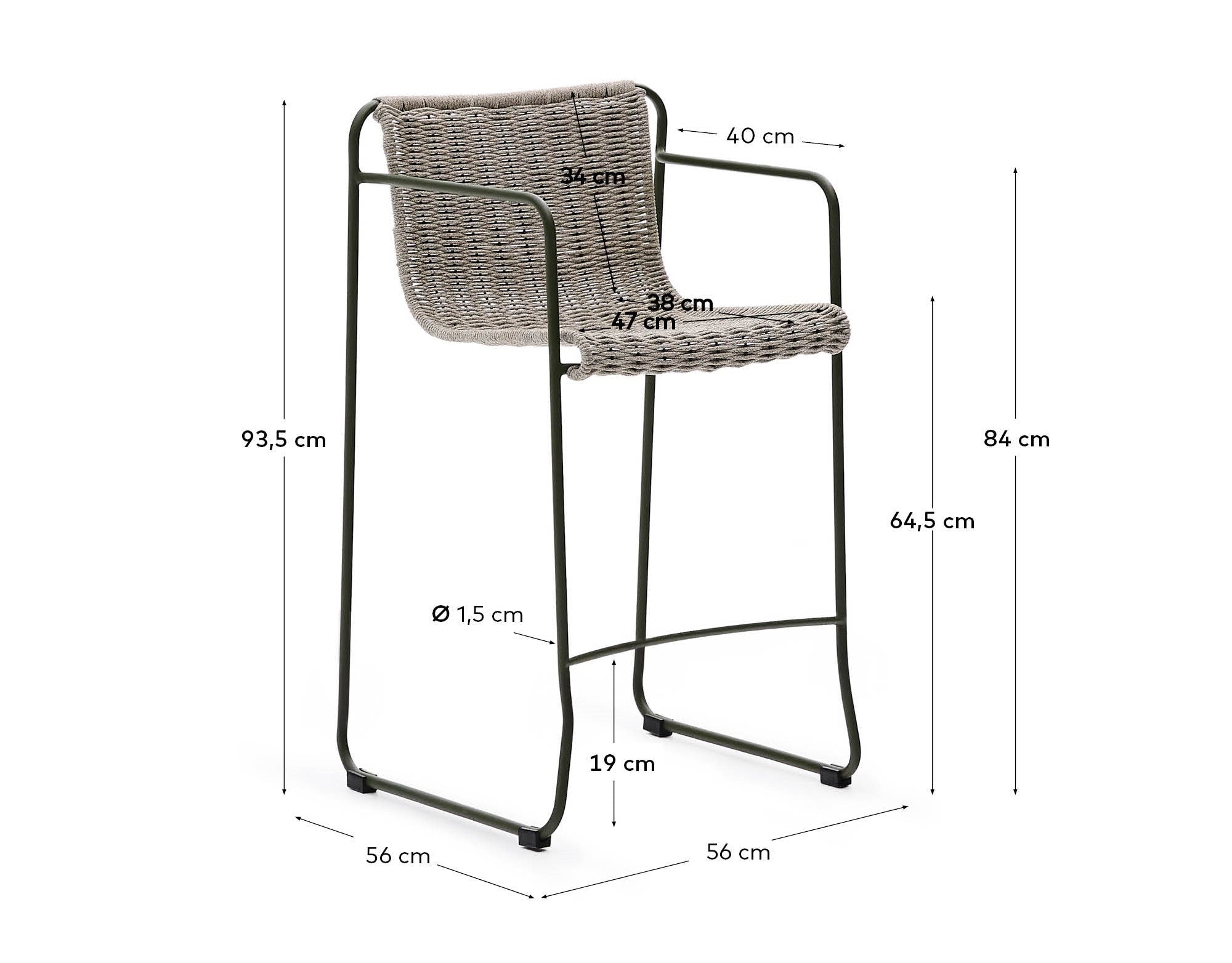 Maurina stool in green galvanised steel and ecru and grey rope cord 64,5cm - Measurements