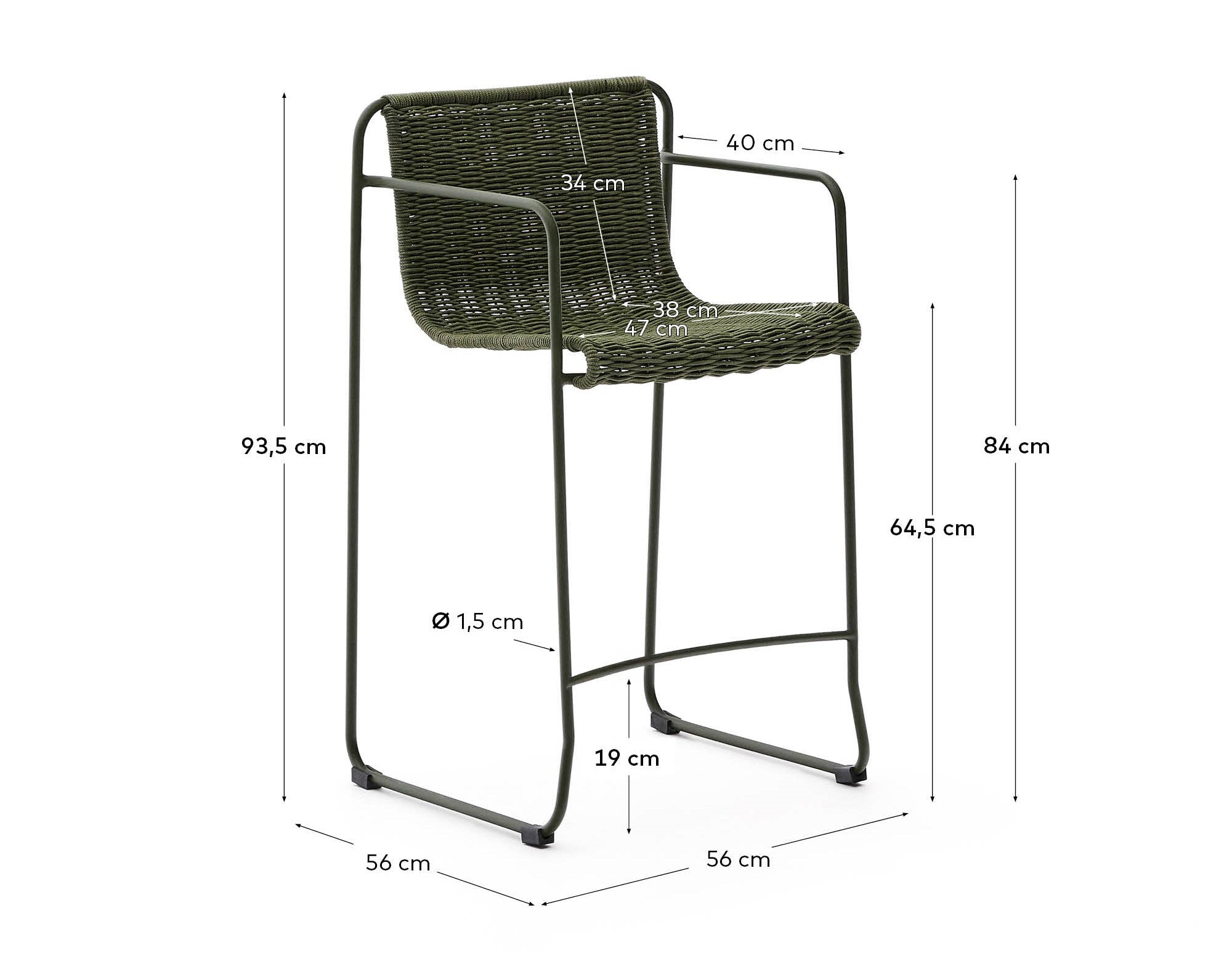 Maurina stool in green galvanised steel and green rope cord 64,5cm - Measurements