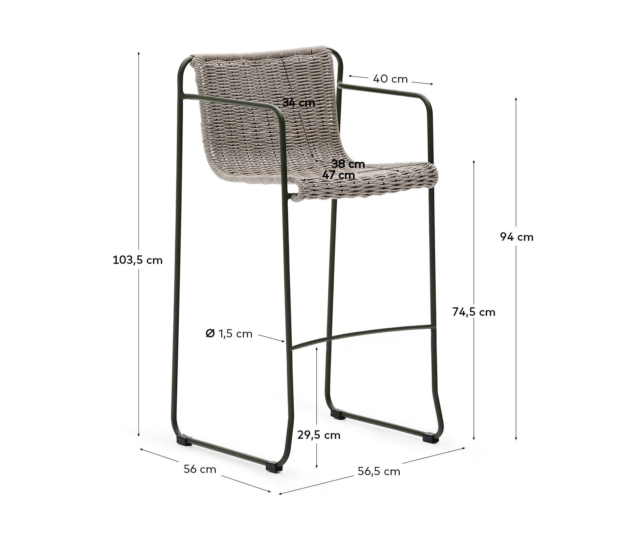 Maurina stool in green galvanised steel and ecru and grey rope cord 74,5cm - Measurements