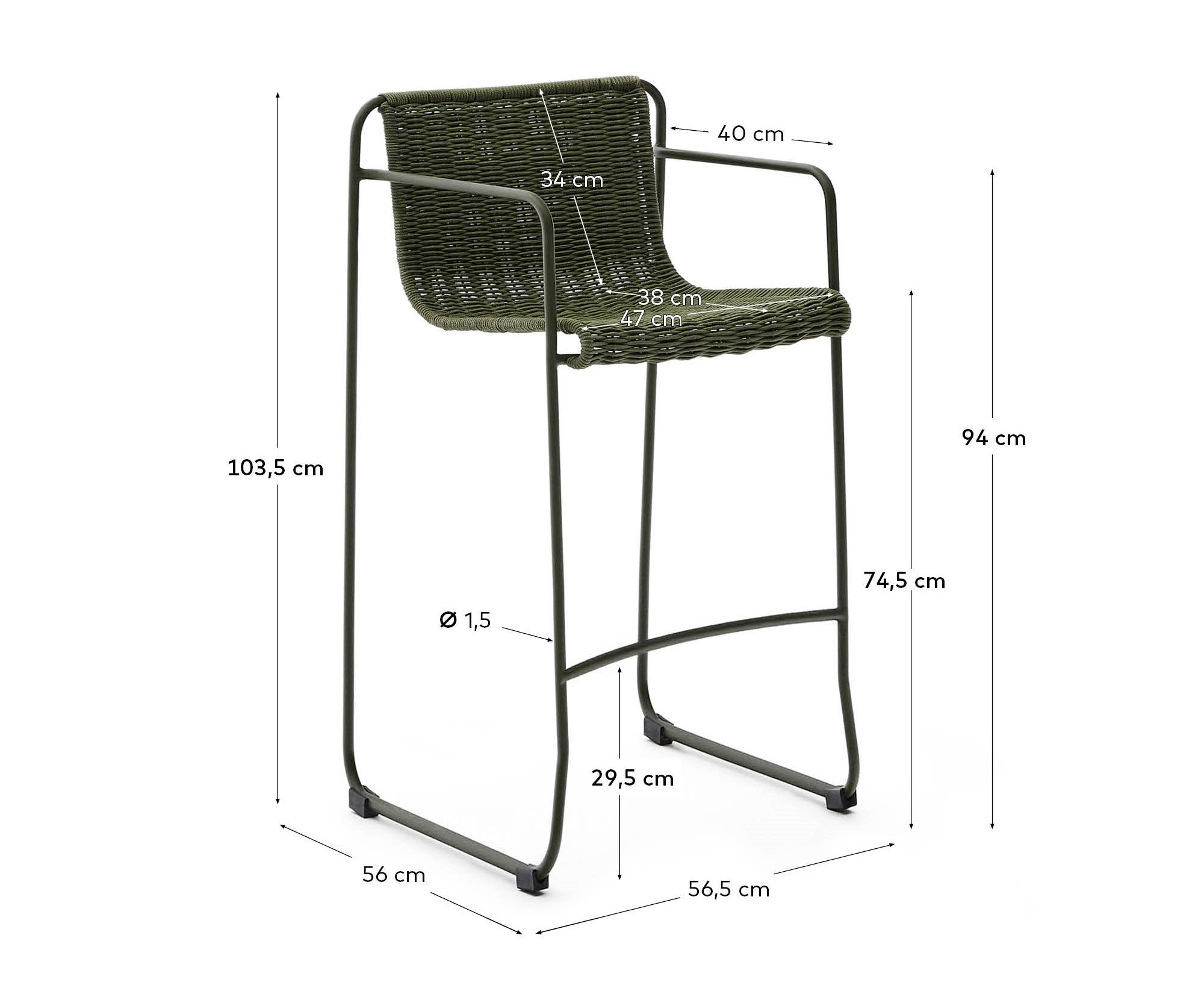 Maurina stackable stool in green galvanised steel and green rope cord 74,5cm - Measurements