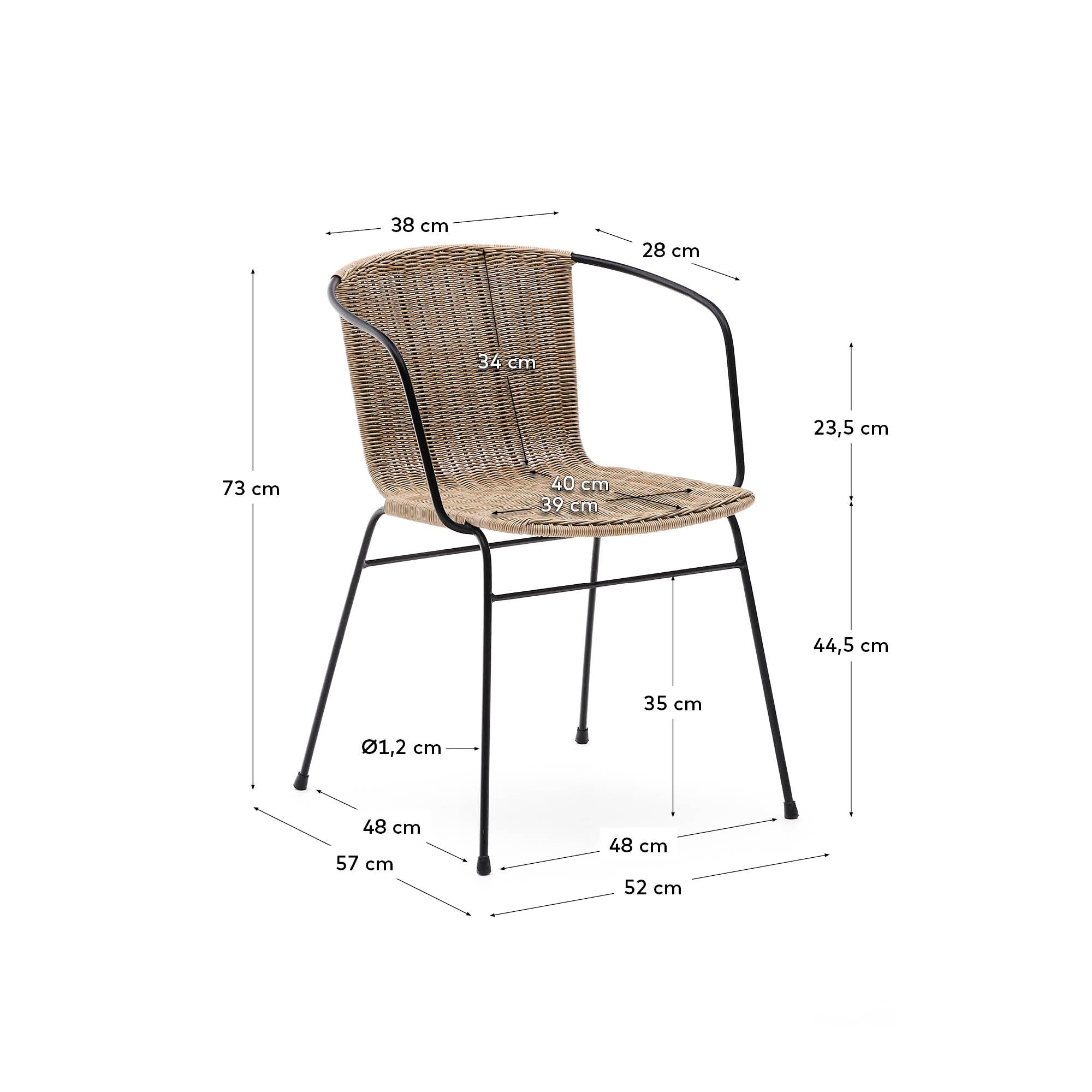 Eltiera stackable chair in synthetic rattan with black steel frame and arms - Measurements