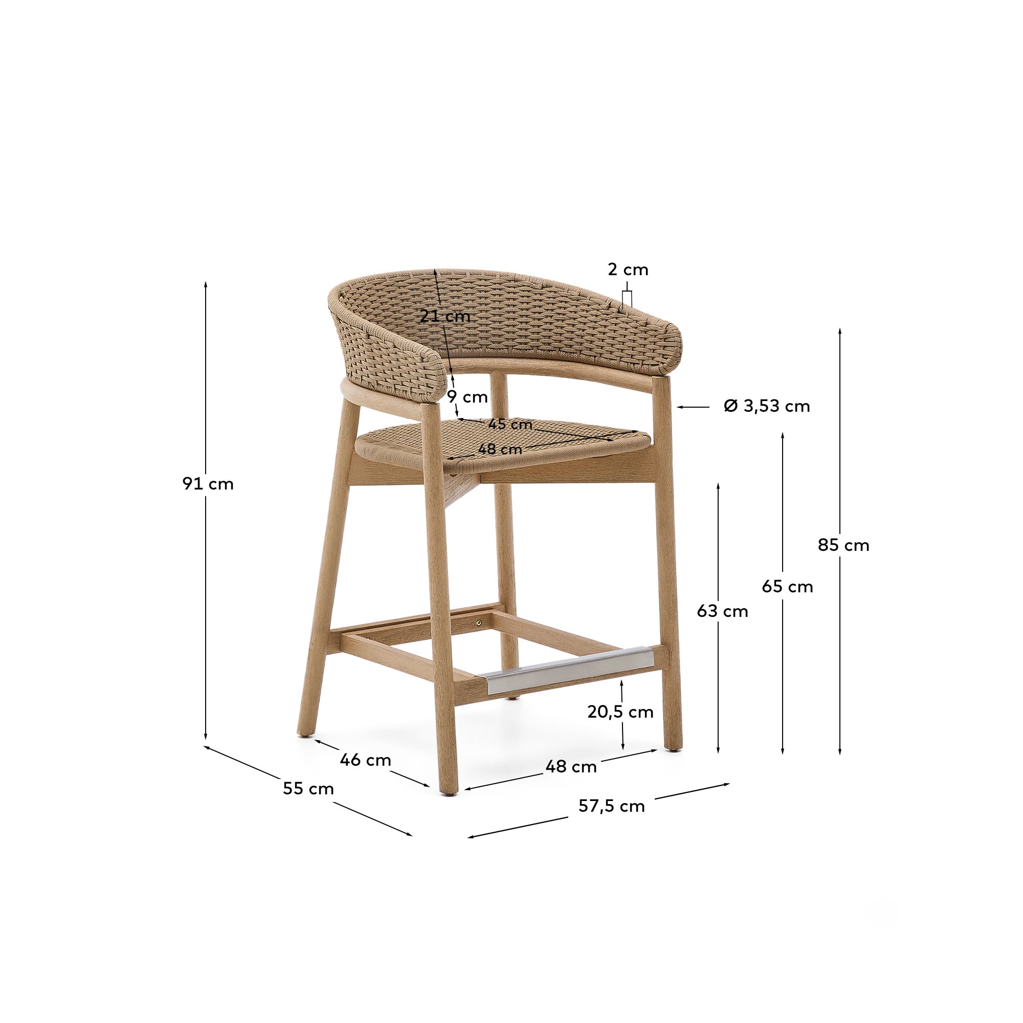 Arinella stool in FSC 100% solid acacia wood with natural finish and beige rope cord 65cm - Measurements