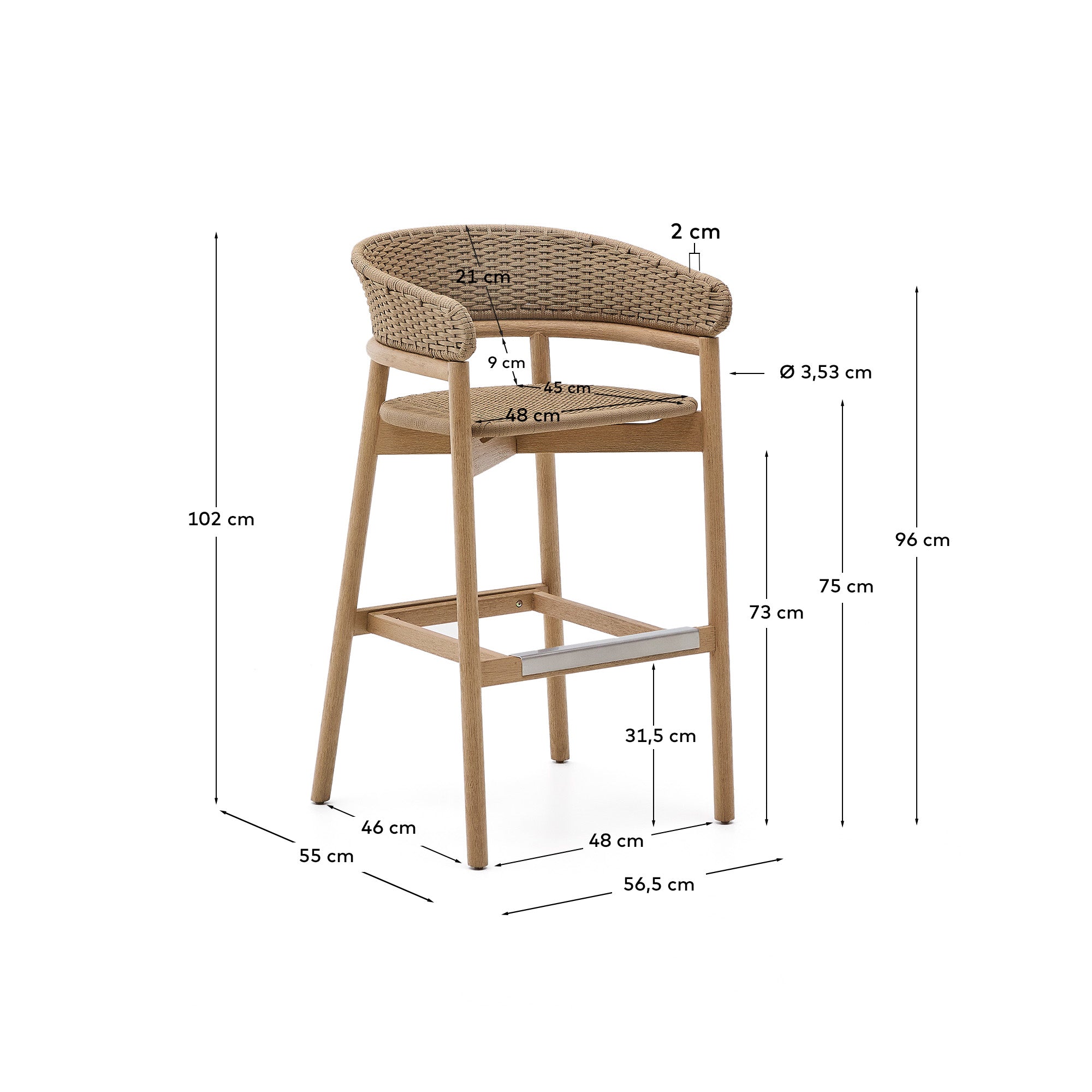 Arinella stool in FSC 100% solid acacia wood with natural finish and beige rope cord 75cm - Measurements