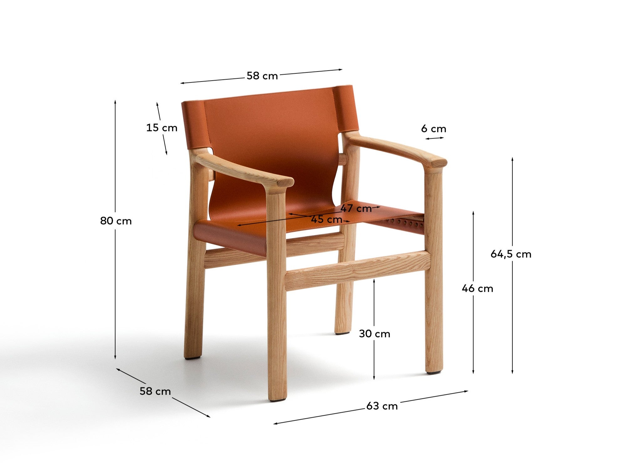 Jan chair made of light brown recycled leather fibres and FSC 100% solid ash wood with natural tone finish - Measurements