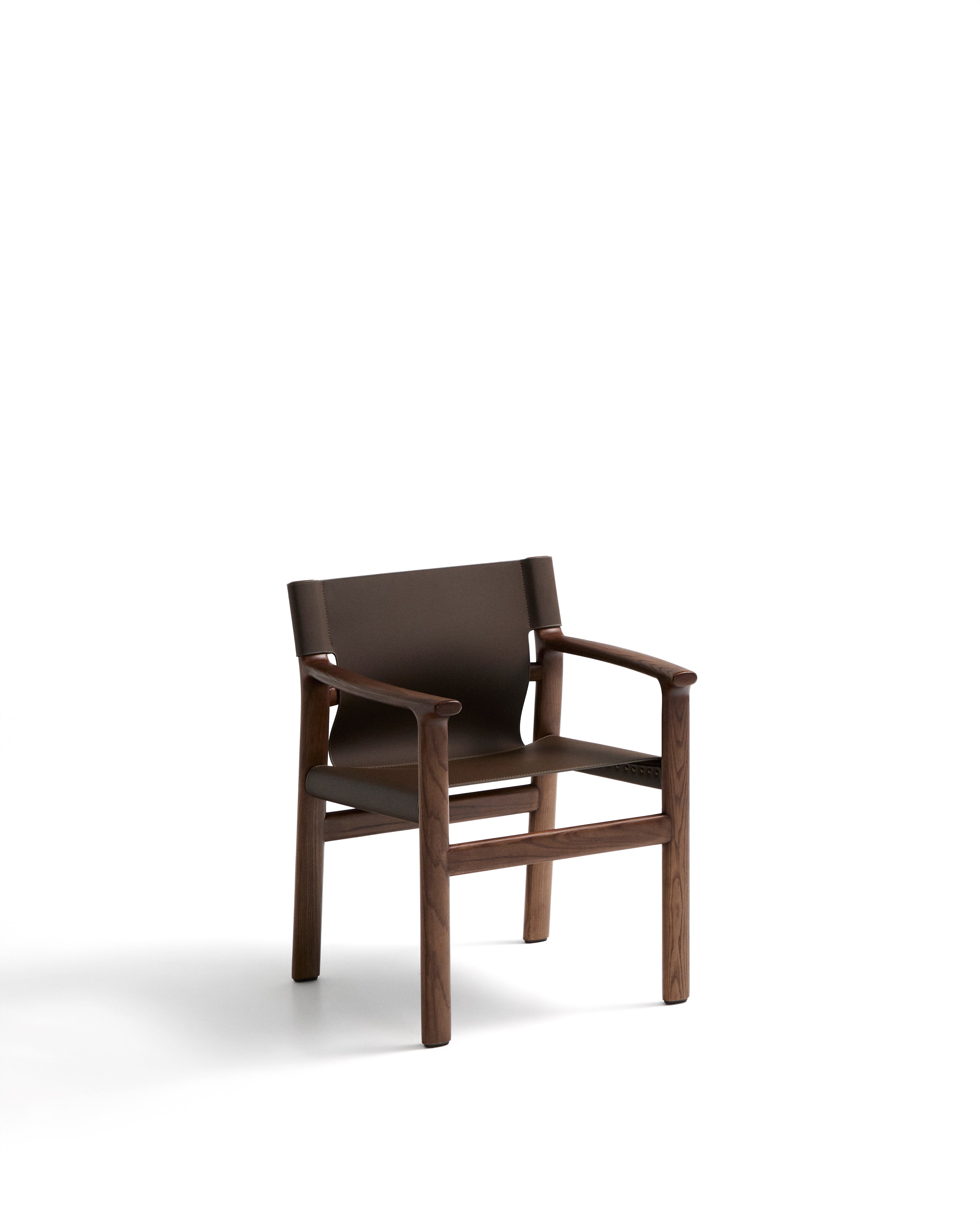 Jan chair made of dark brown recycled leather fibres and FSC 100% solid ash wood with walnut-coloured finish - Product Image