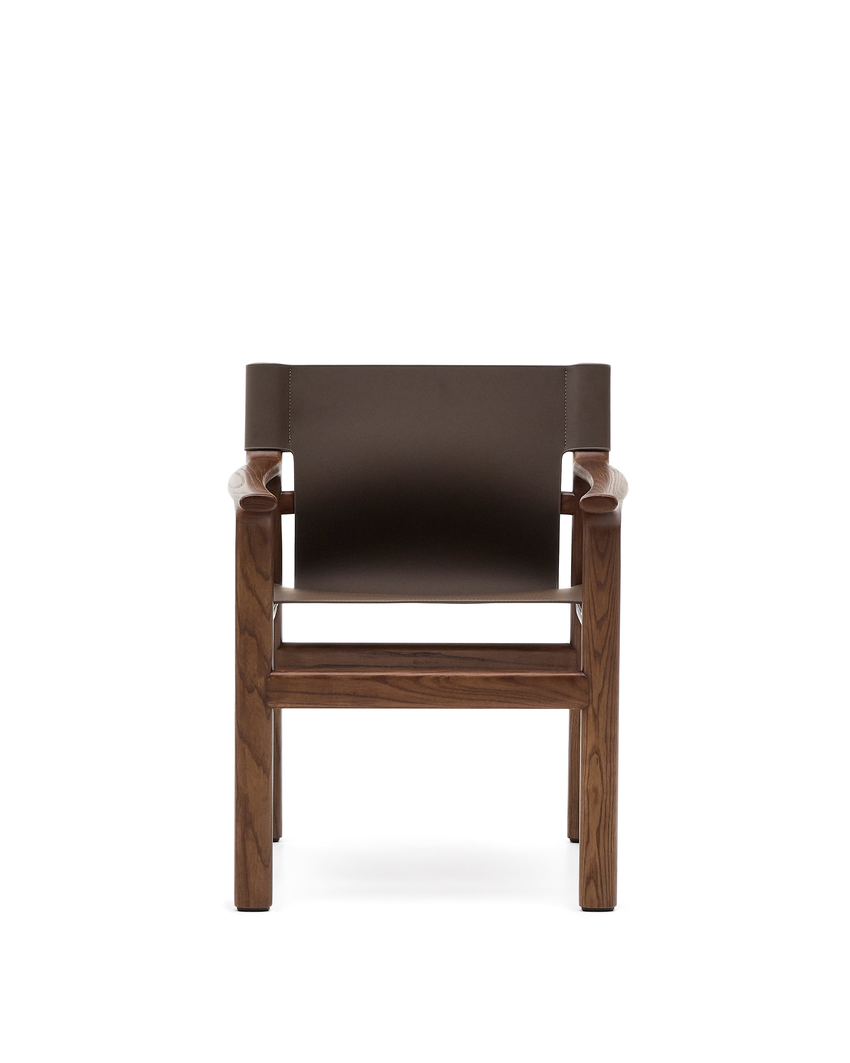 Jan chair made of dark brown recycled leather fibres and FSC 100% solid ash wood with walnut-coloured finish - Product Image