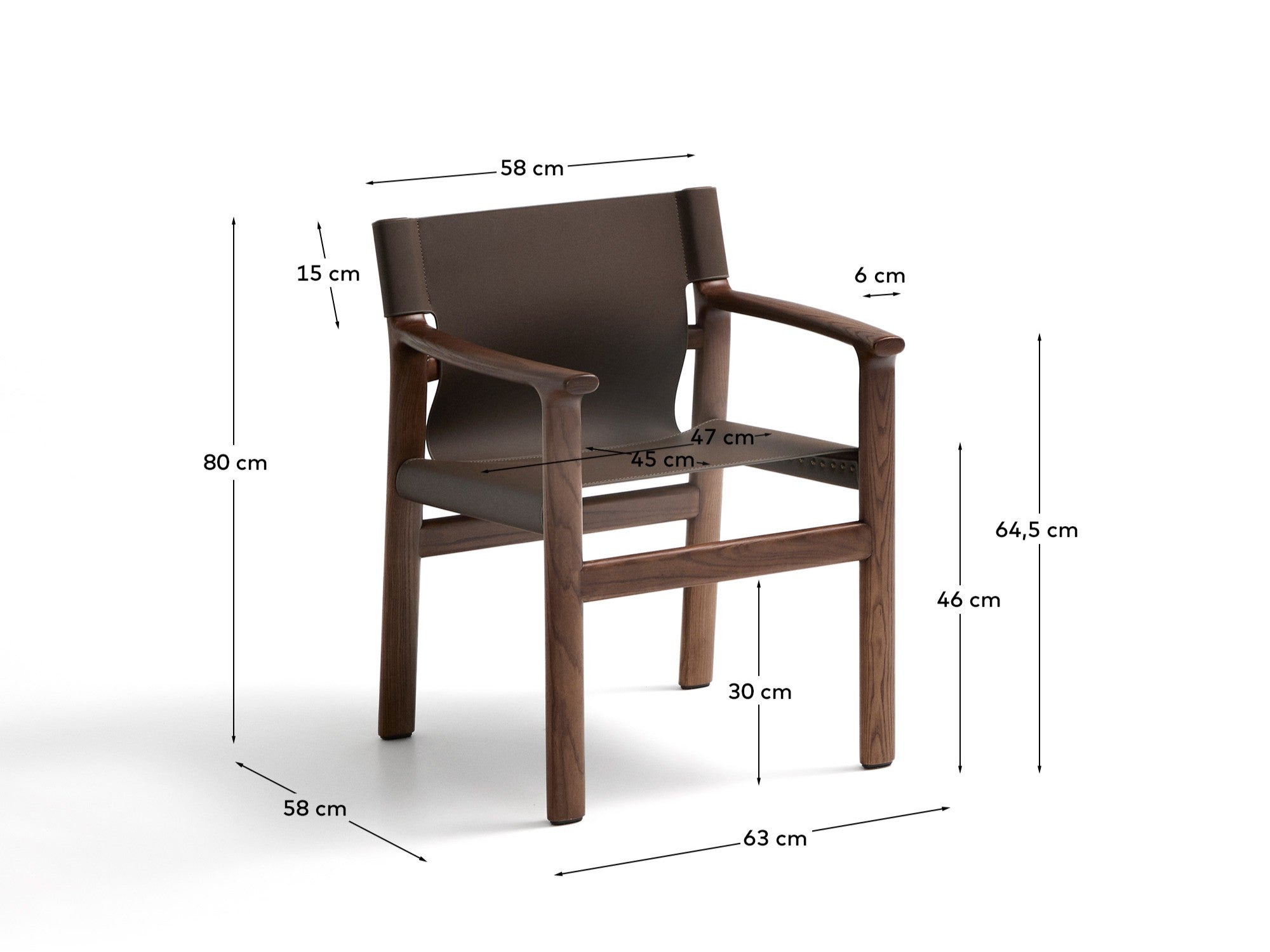 Jan chair made of dark brown recycled leather fibres and FSC 100% solid ash wood with walnut-coloured finish - Measurements