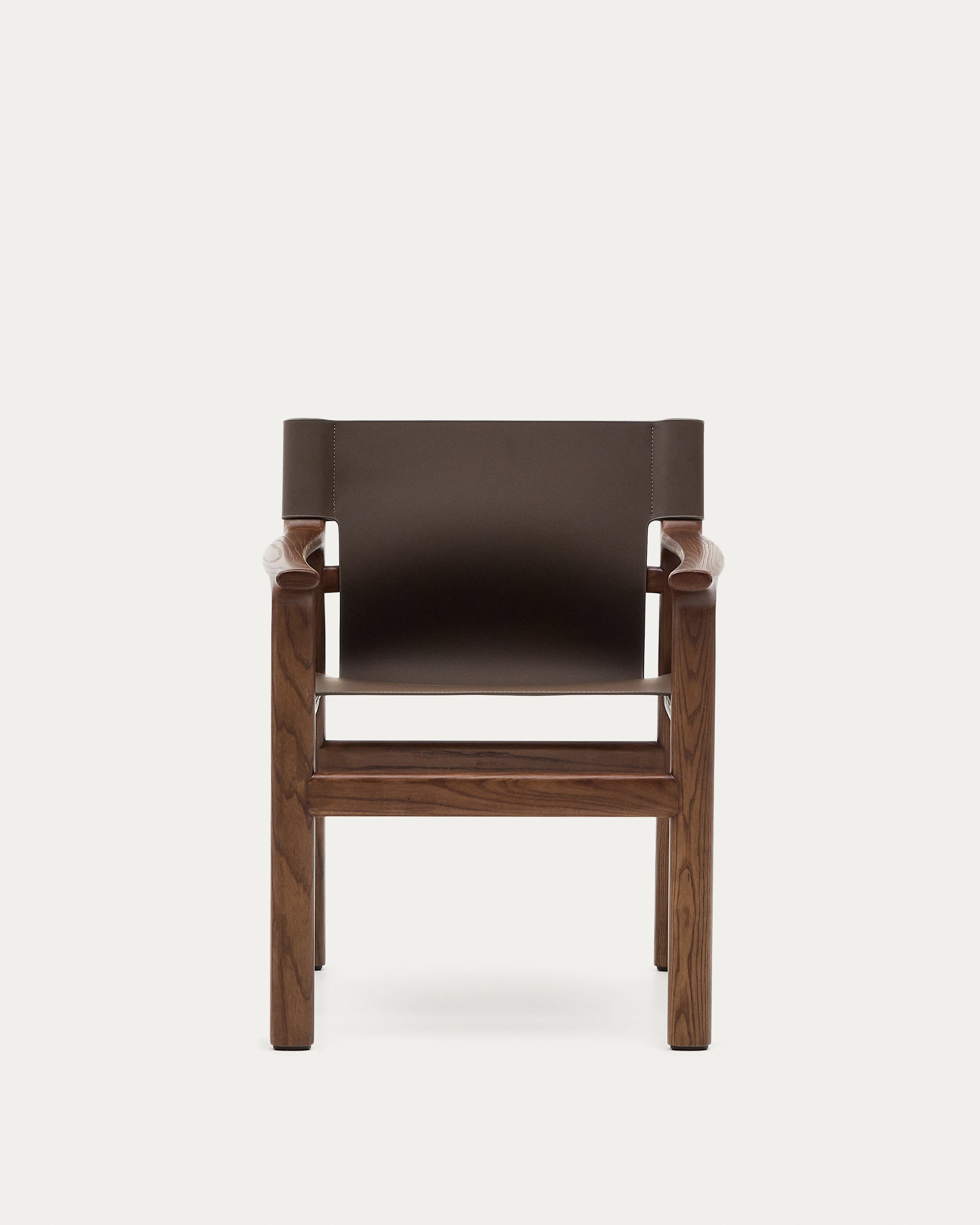 Jan chair made of dark brown recycled leather fibres and FSC 100% solid ash wood with walnut-coloured finish - Product View
