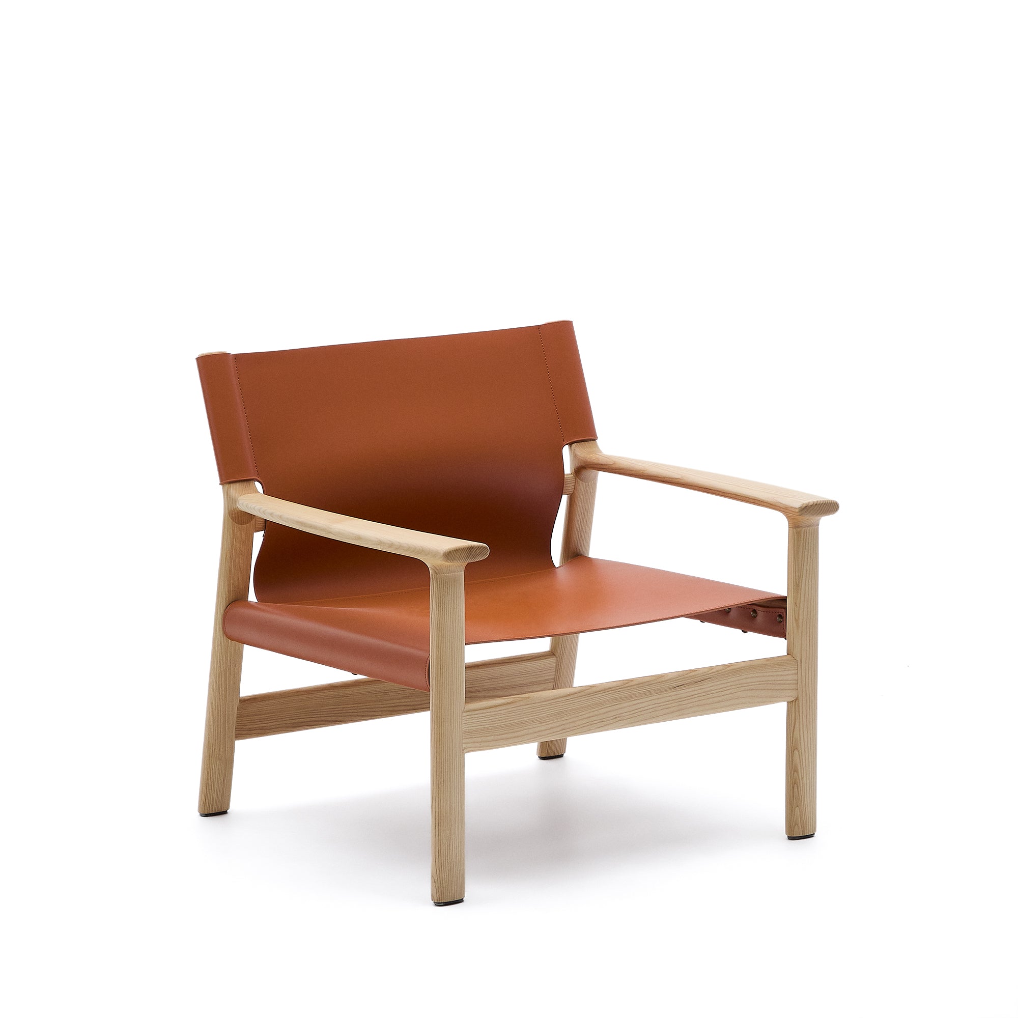 Jan armchair made of light brown recycled leather fibres and FSC 100% solid ash wood with natural tone finish - Product Image