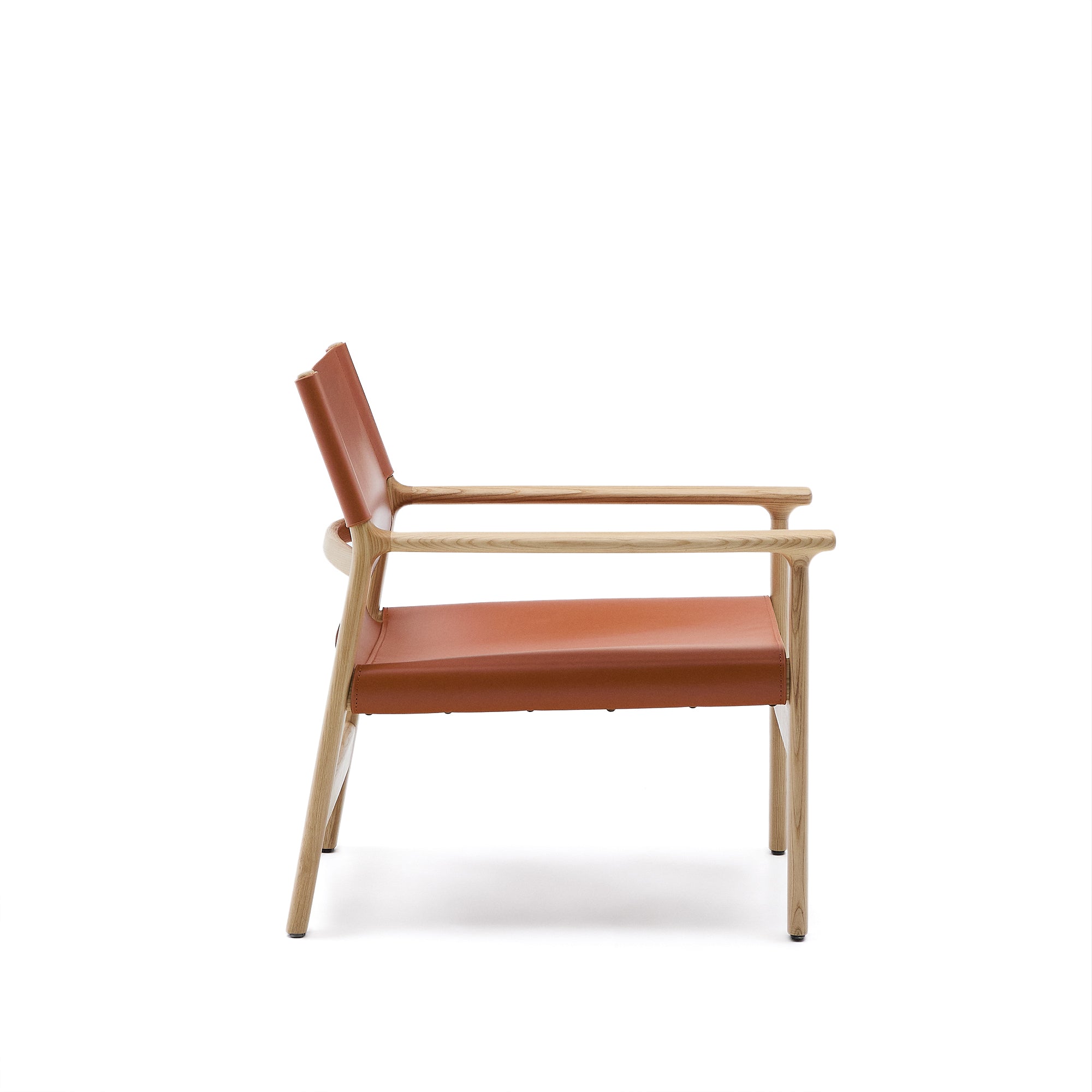 Jan armchair made of light brown recycled leather fibres and FSC 100% solid ash wood with natural tone finish - Product Image