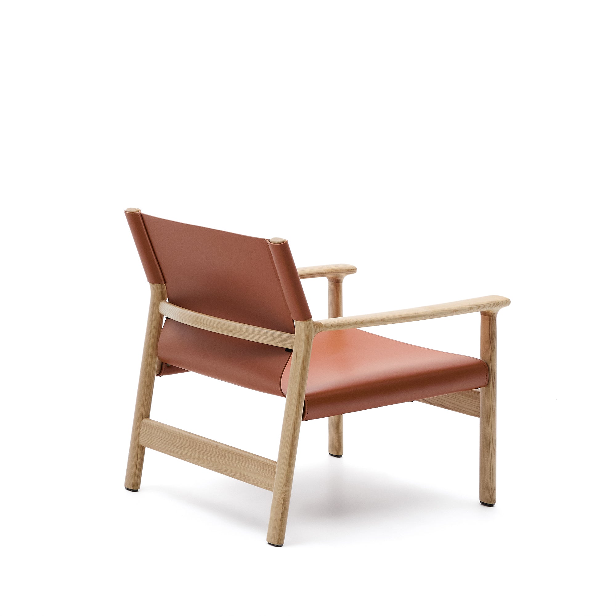 Jan armchair made of light brown recycled leather fibres and FSC 100% solid ash wood with natural tone finish - Product Image