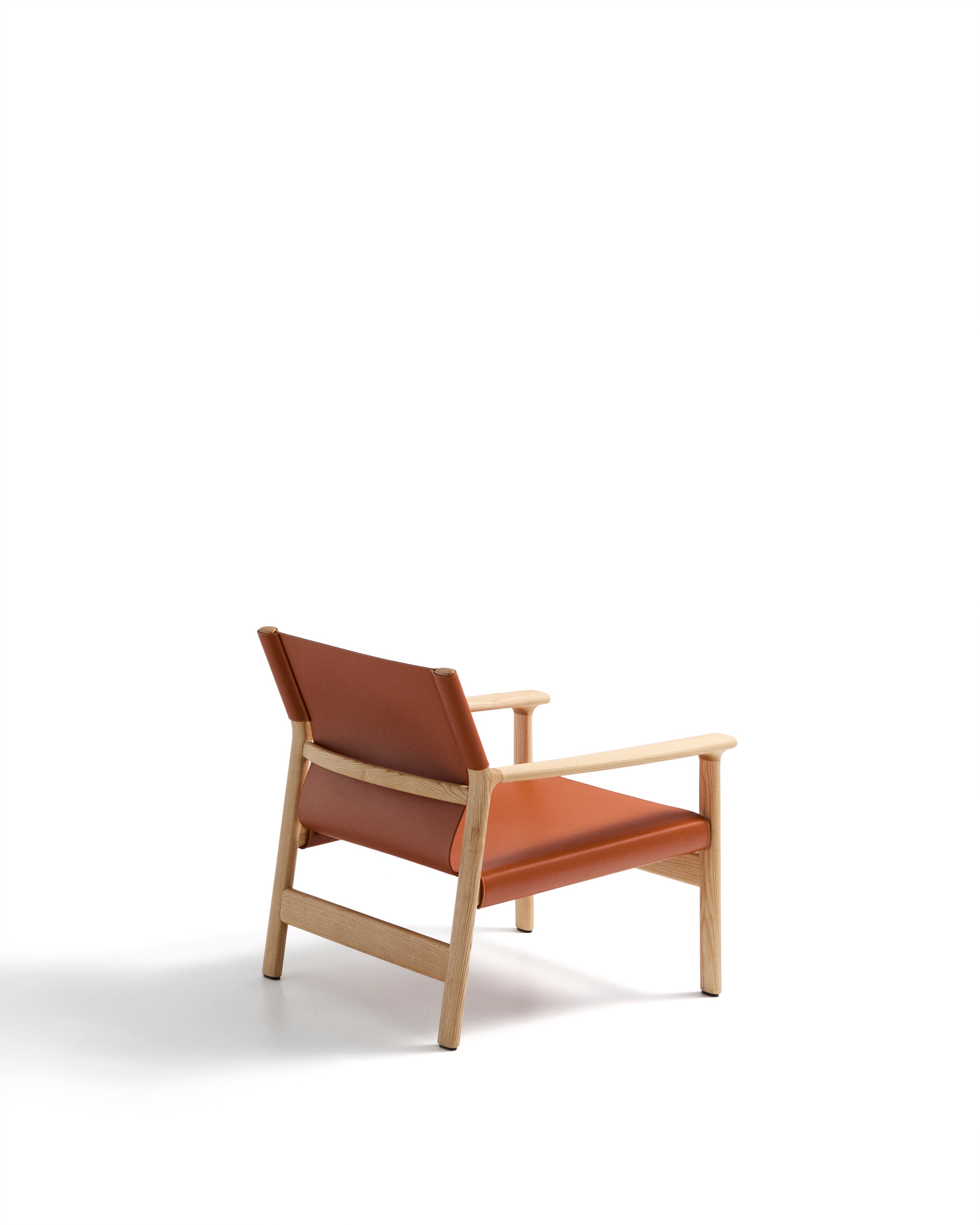 Jan armchair made of light brown recycled leather fibres and FSC 100% solid ash wood with natural tone finish - Product Image