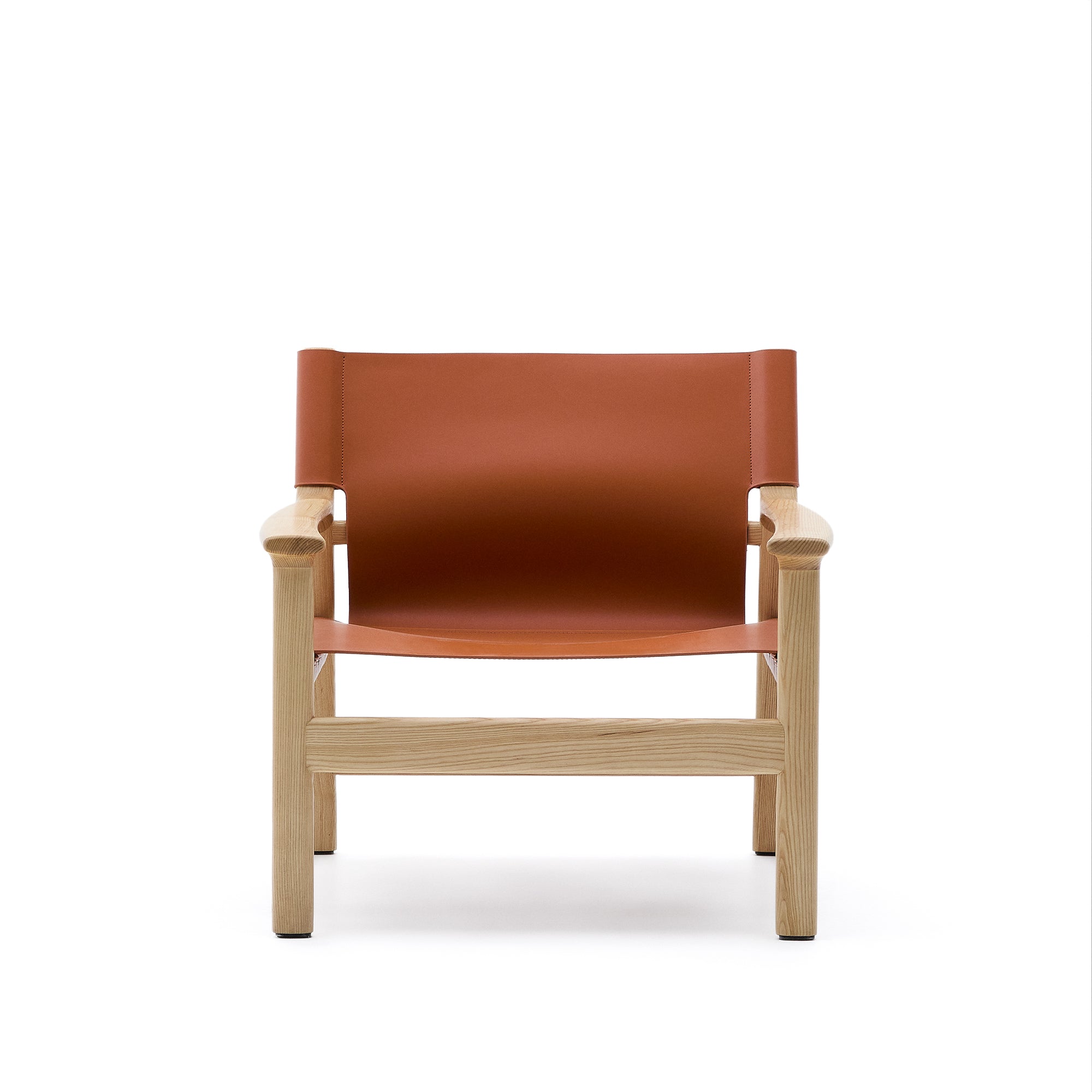 Jan armchair made of light brown recycled leather fibres and FSC 100% solid ash wood with natural tone finish - Product Image