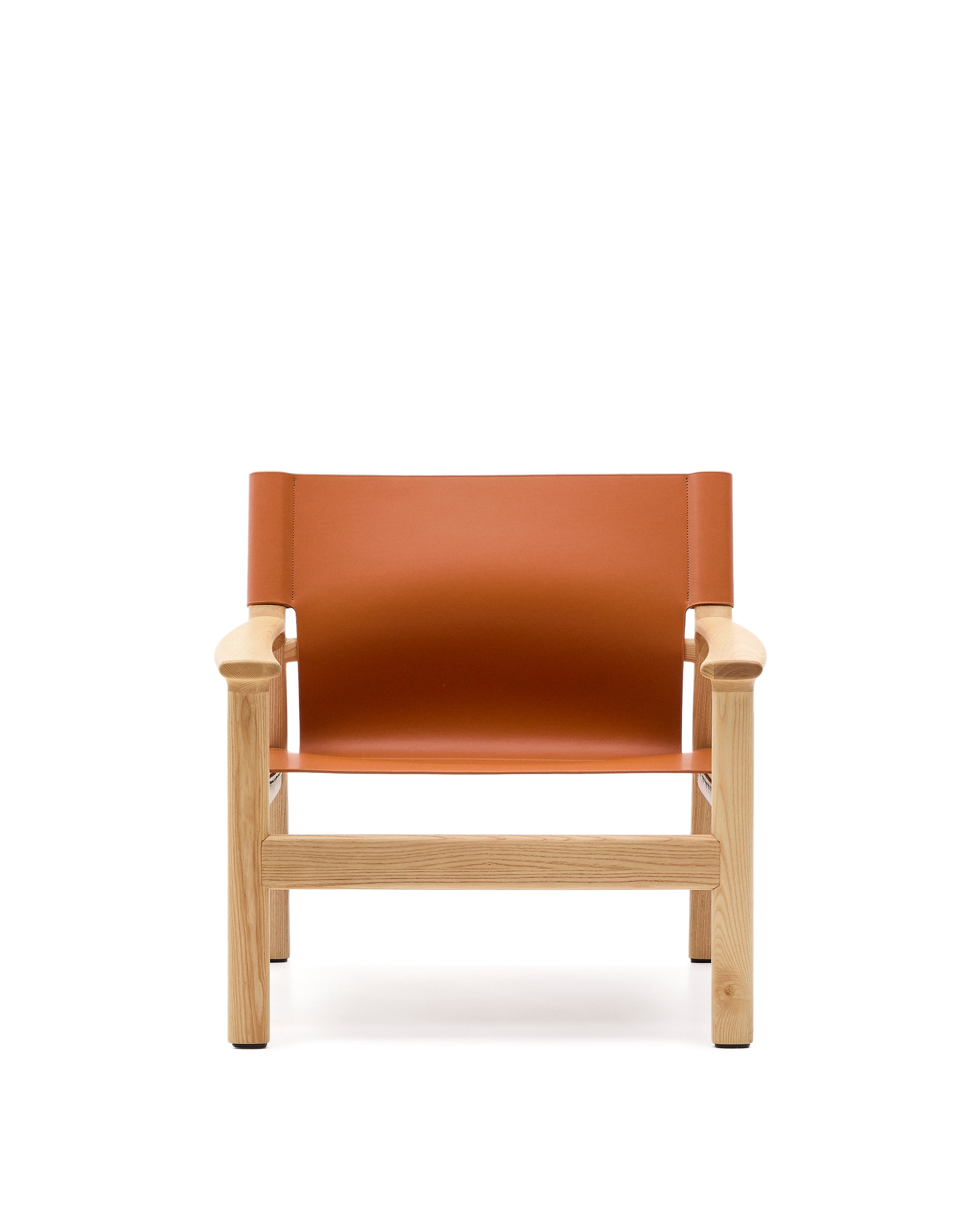Jan armchair made of light brown recycled leather fibres and FSC 100% solid ash wood with natural tone finish - Product Image