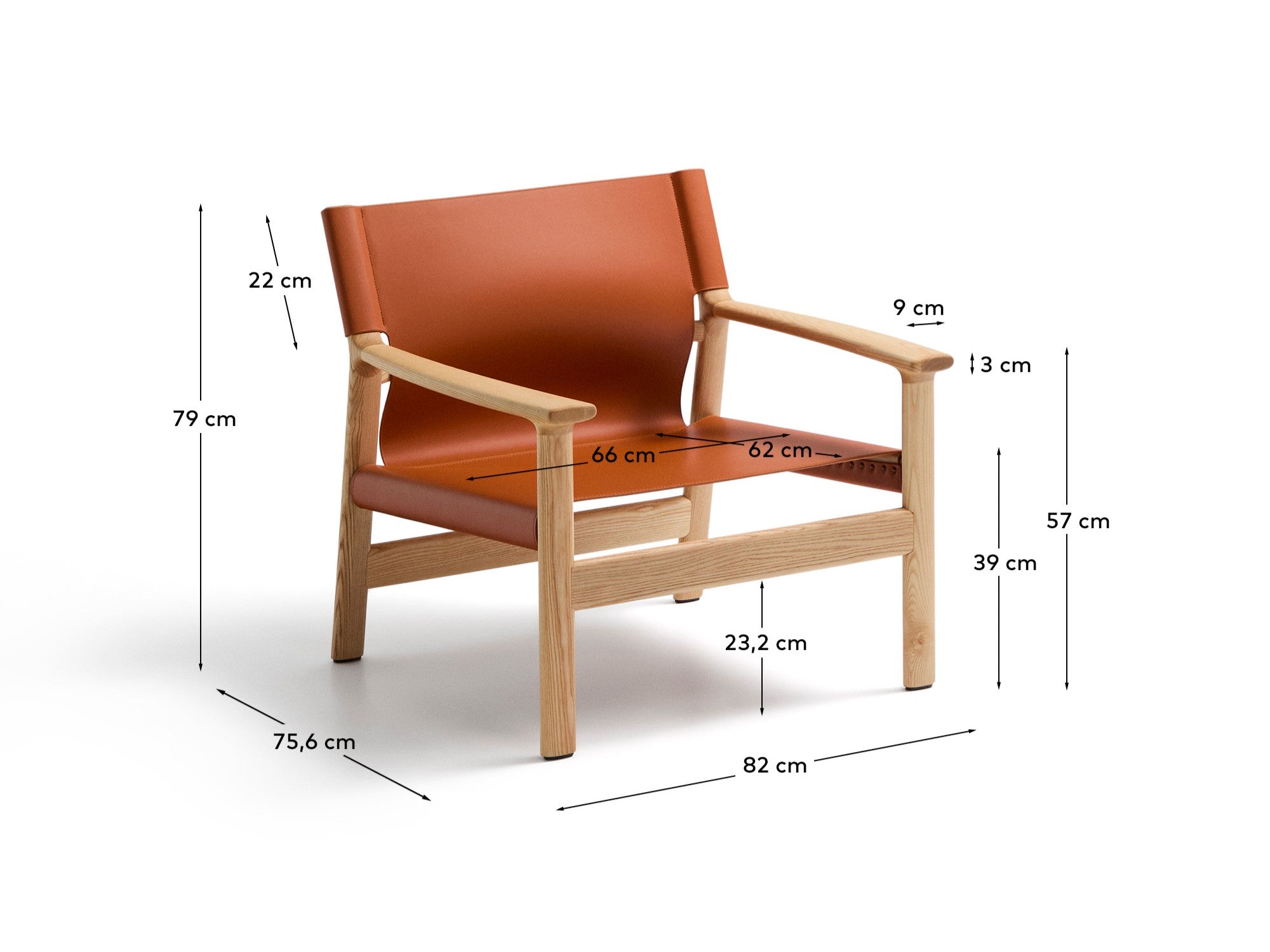 Jan armchair made of light brown recycled leather fibres and FSC 100% solid ash wood with natural tone finish - Measurements