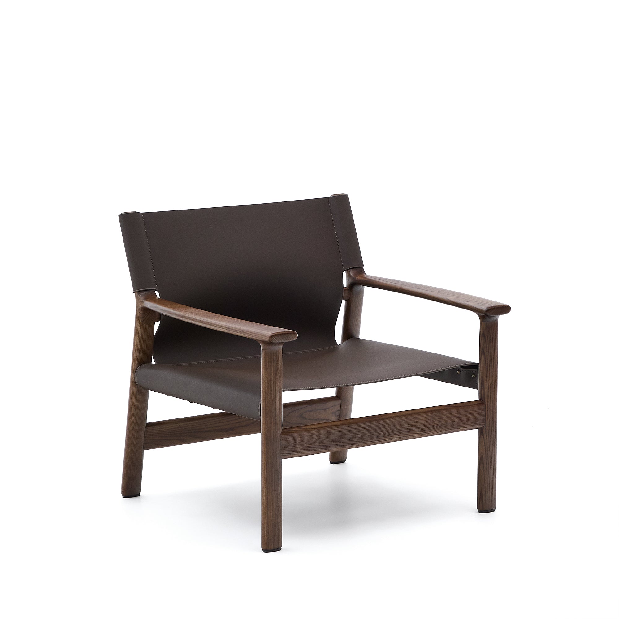 Jan armchair made of dark brown recycled leather fibres and FSC 100% solid ash wood with walnut-coloured finish - Product Image