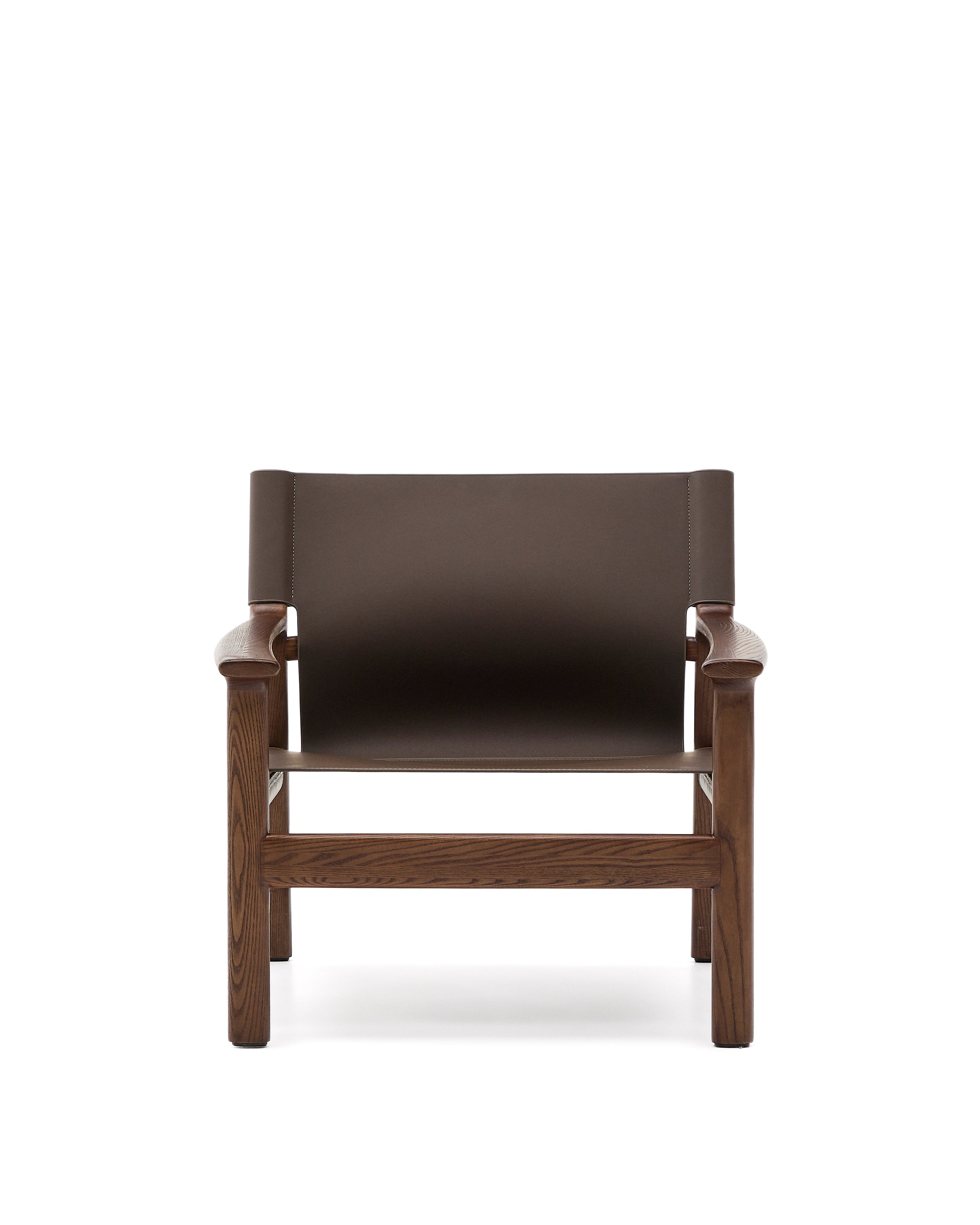 Jan armchair made of dark brown recycled leather fibres and FSC 100% solid ash wood with walnut-coloured finish - Product Image