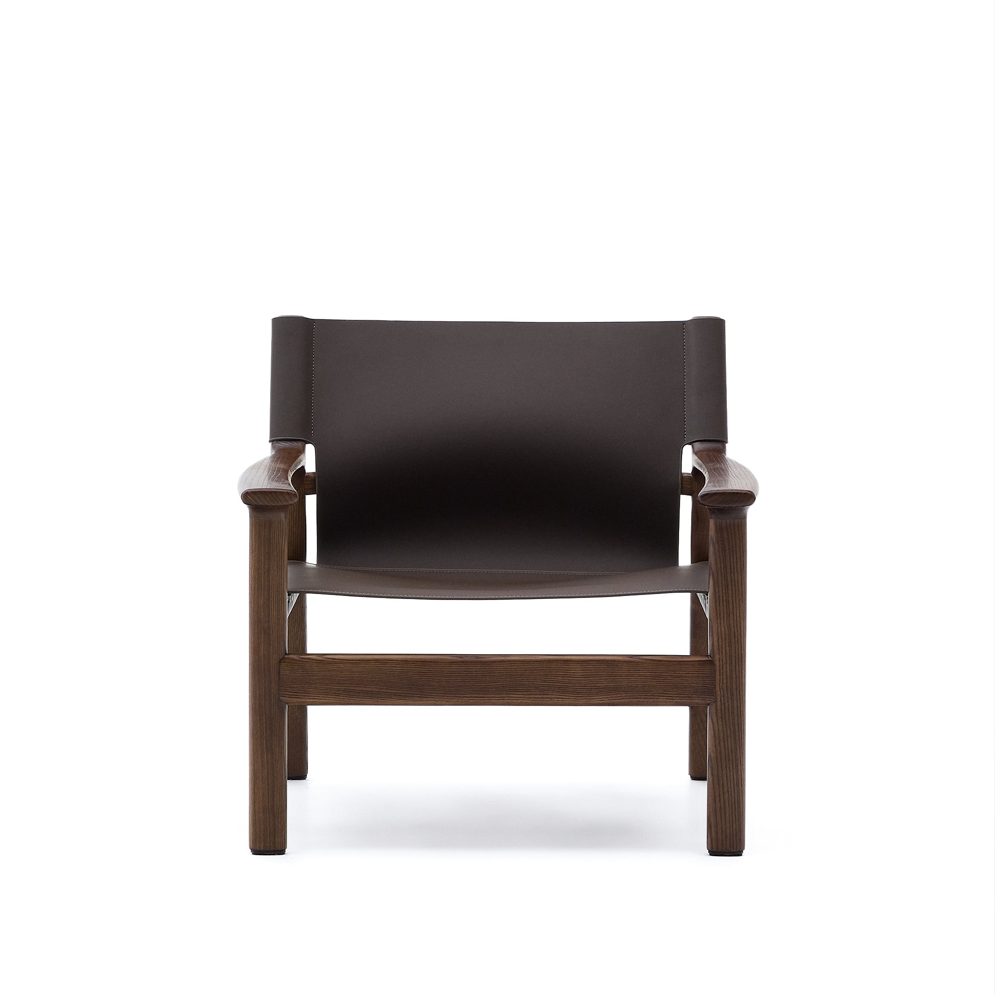 Jan armchair made of dark brown recycled leather fibres and FSC 100% solid ash wood with walnut-coloured finish - Product Image