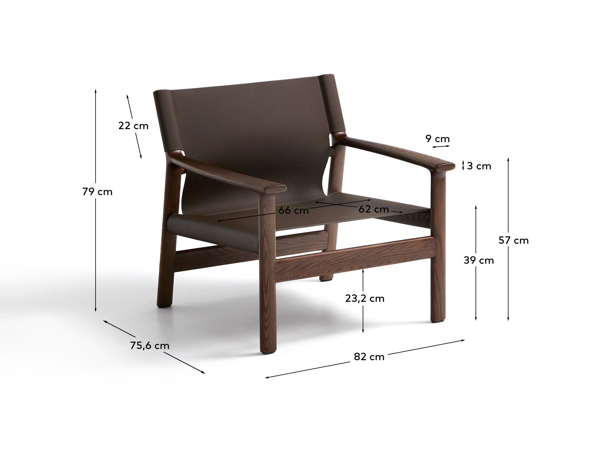 Jan armchair made of dark brown recycled leather fibres and FSC 100% solid ash wood with walnut-coloured finish - Measurements