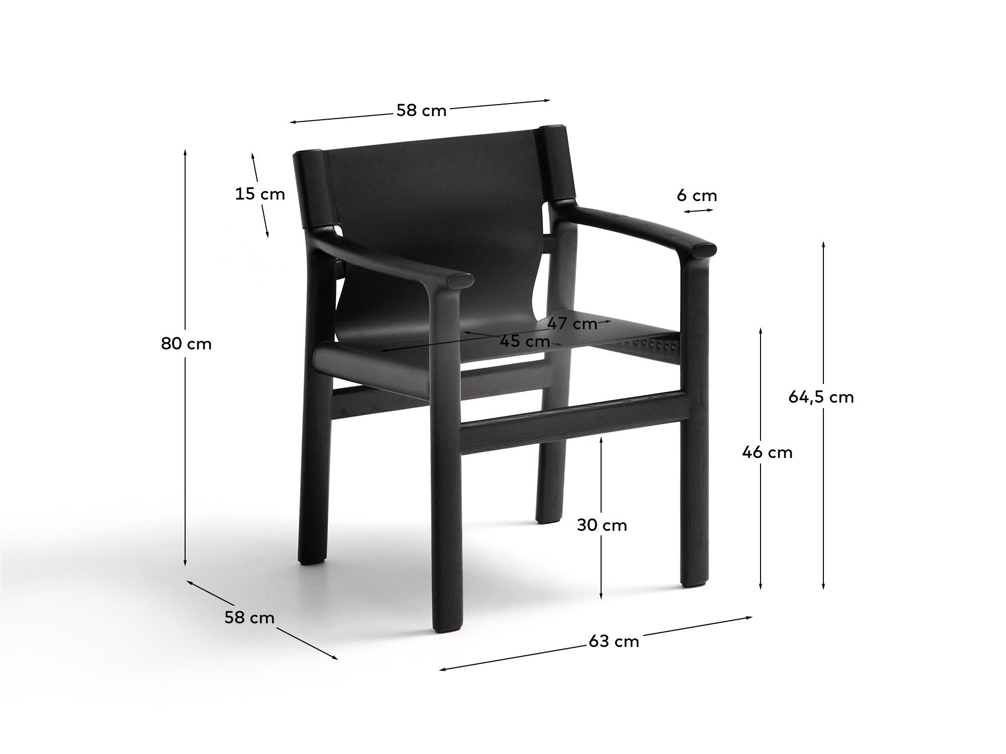 Jan chair made of black recycled leather fibres and FSC 100% solid ash wood with black finish - Measurements
