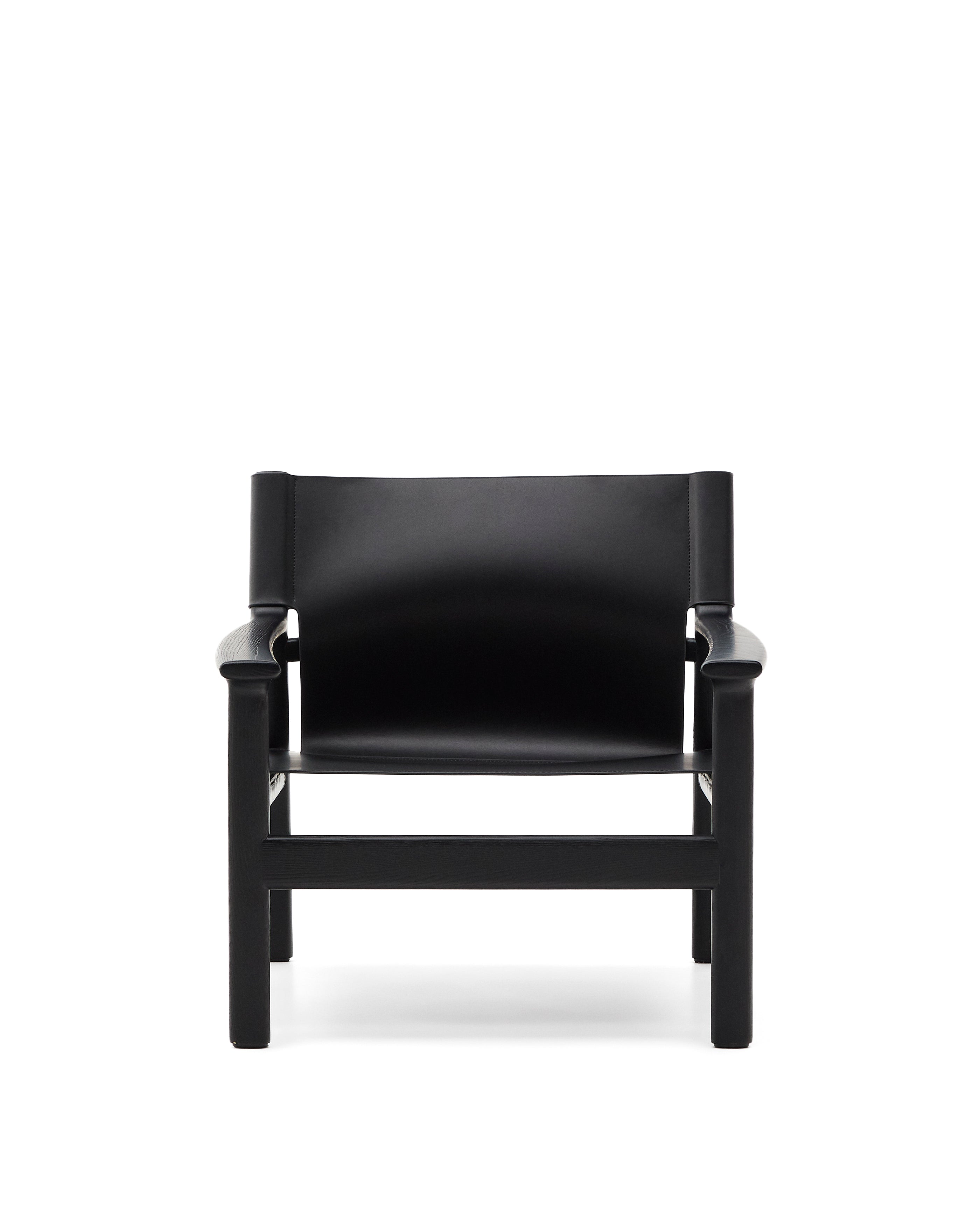 Jan armchair made of black recycled leather fibres and FSC 100% solid ash wood with black finish - Product Image