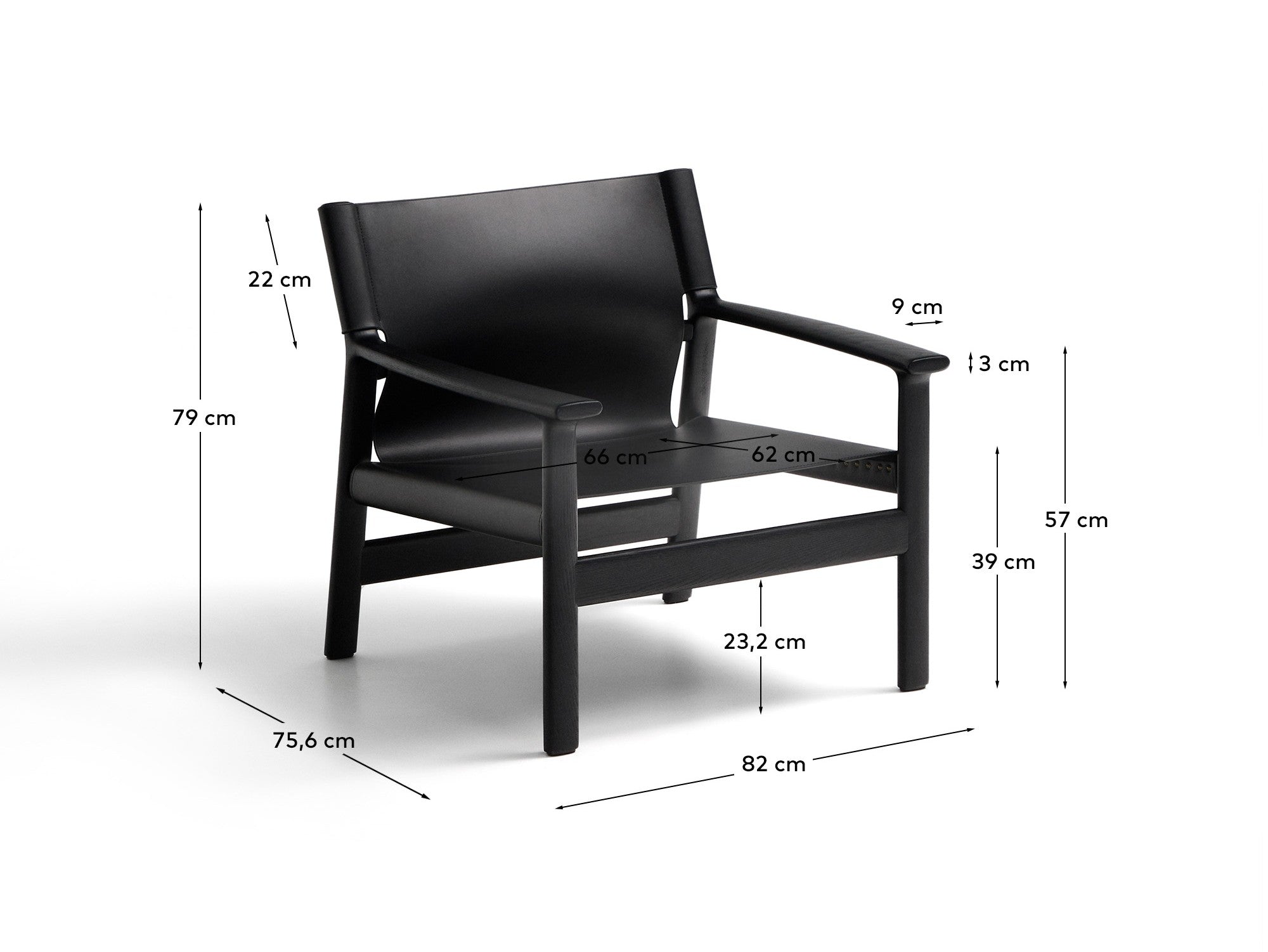 Jan armchair made of black recycled leather fibres and FSC 100% solid ash wood with black finish - Measurements
