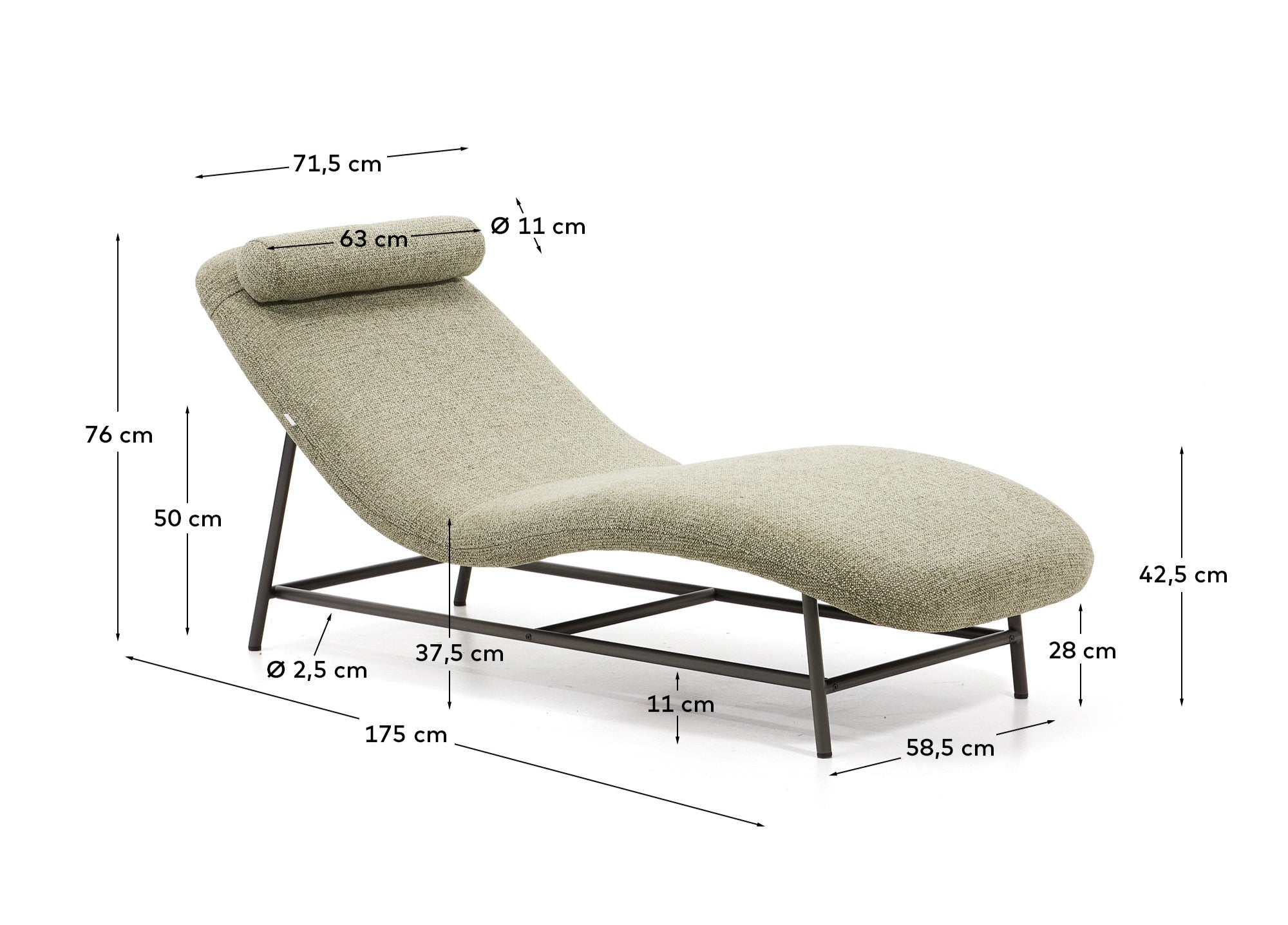 Osla divan in green chenille with brushed graphite stainless steel legs 174 cm - Measurements