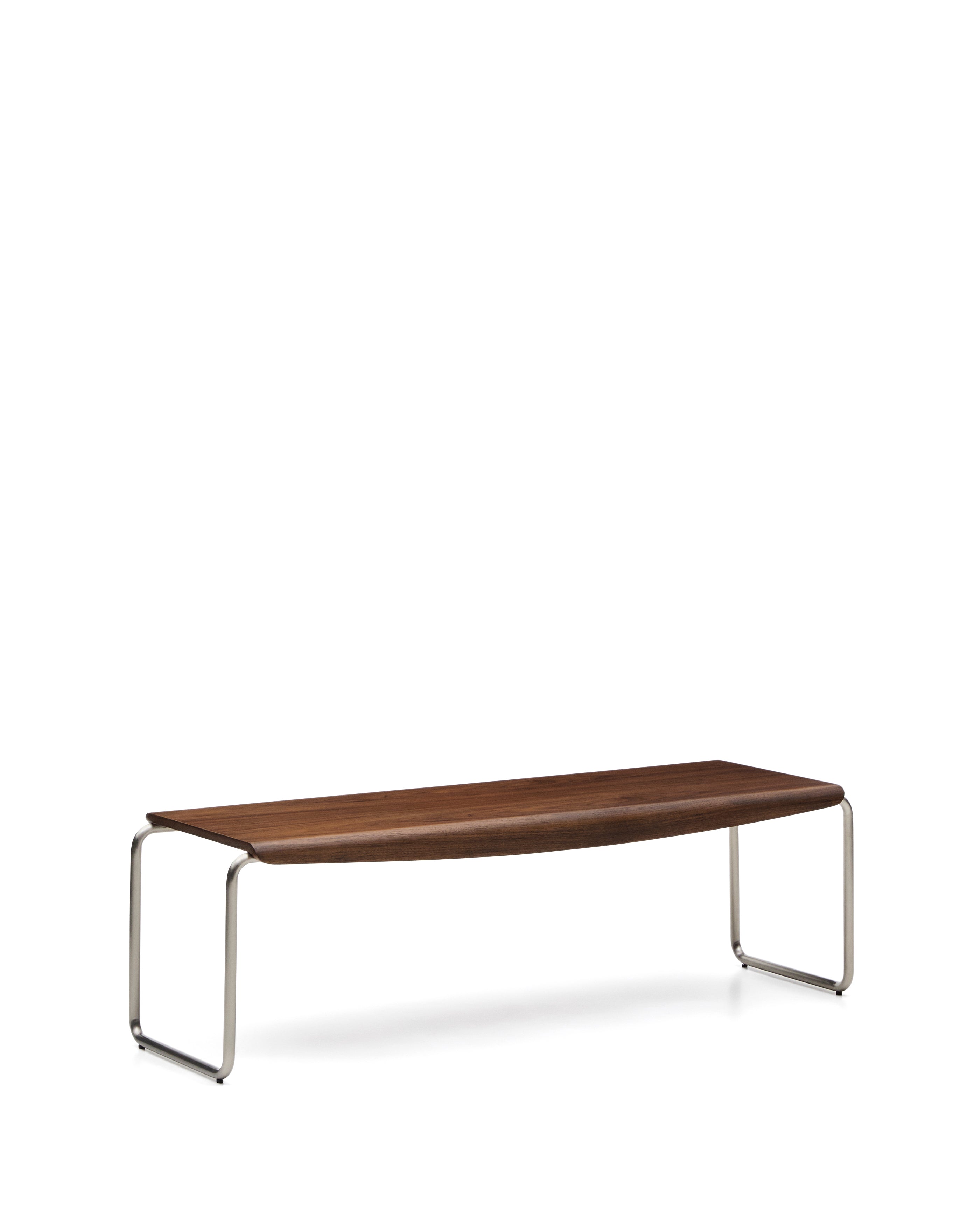 Tarsel bench in walnut veneer with brushed stainless steel structure 142cm - Product Image