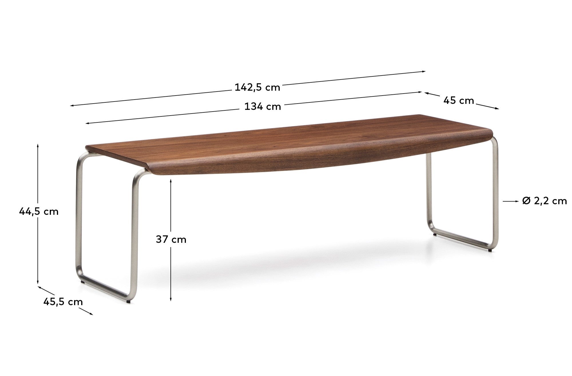 Tarsel bench in walnut veneer with brushed stainless steel structure 142cm - Measurements