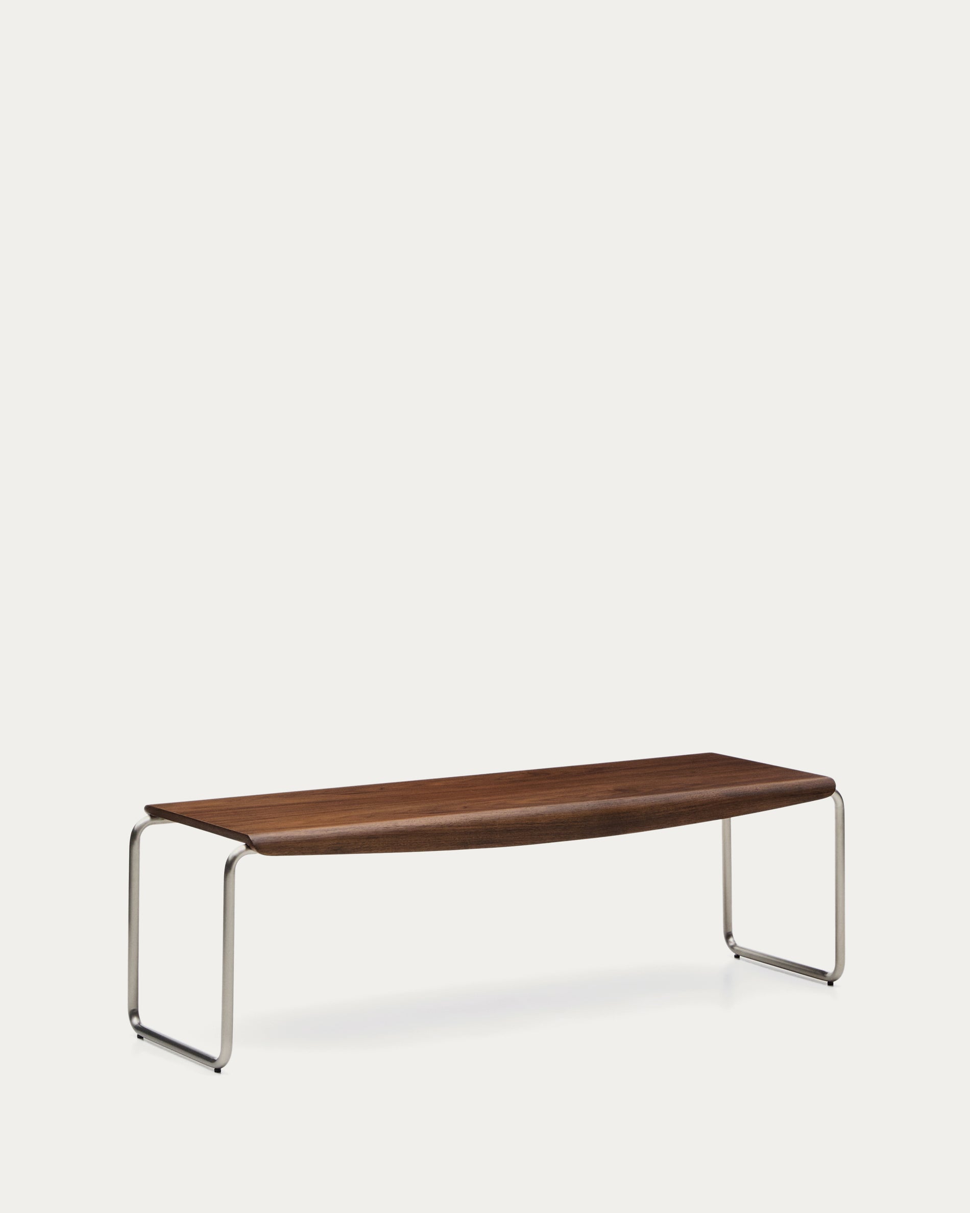 Tarsel bench in walnut veneer with brushed stainless steel structure 142cm - Product View
