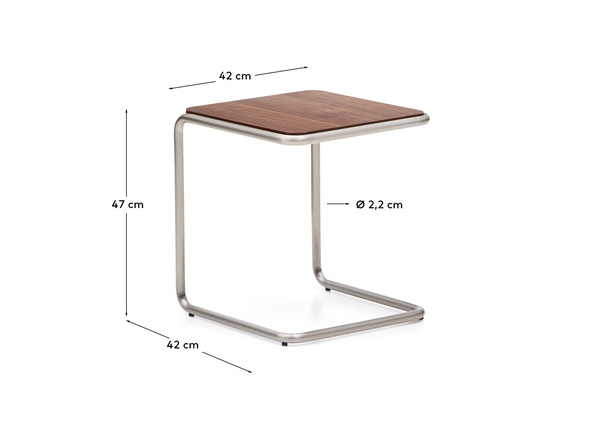 Tarsel side table in walnut veneer with brushed stainless steel structure 42 x 47cm - Measurements