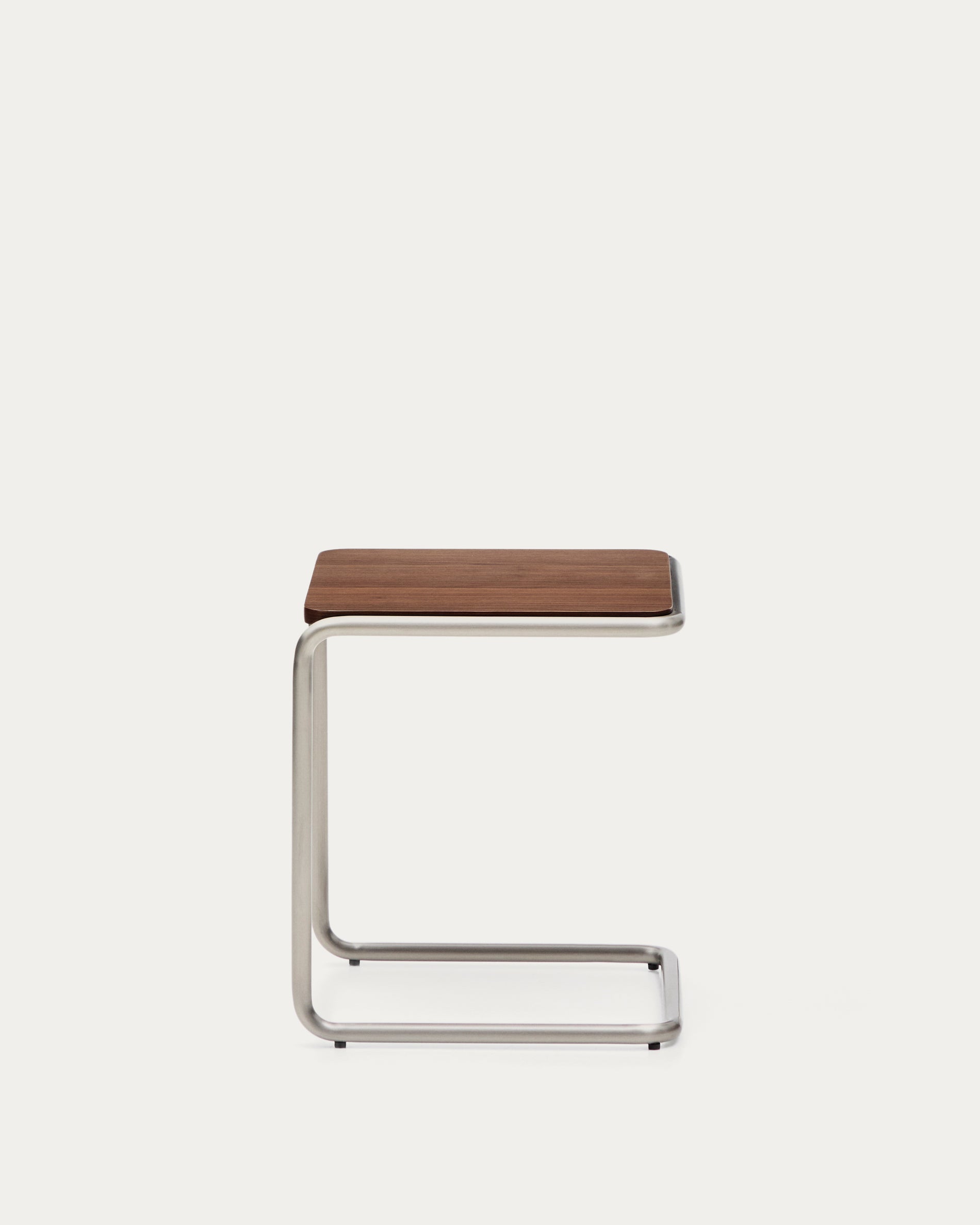 Tarsel side table in walnut veneer with brushed stainless steel structure 42 x 47cm - Product View