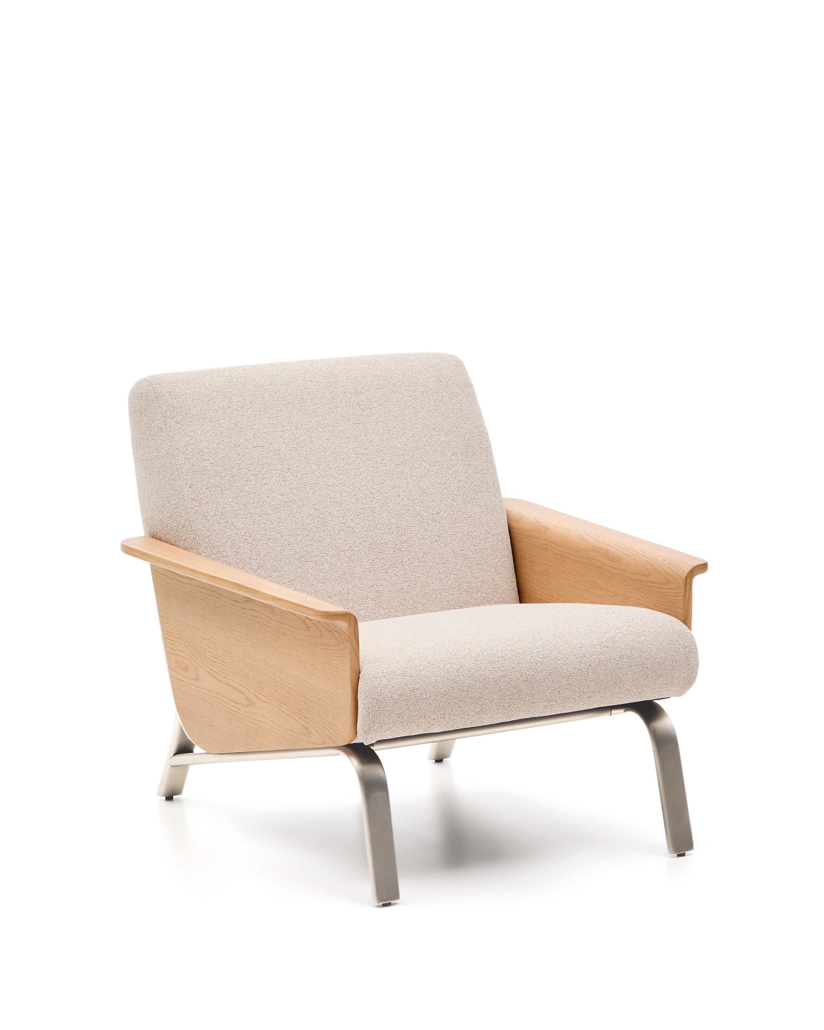Amsen beige armchair in oak plywood with legs in brushed stainless steel - Product Image