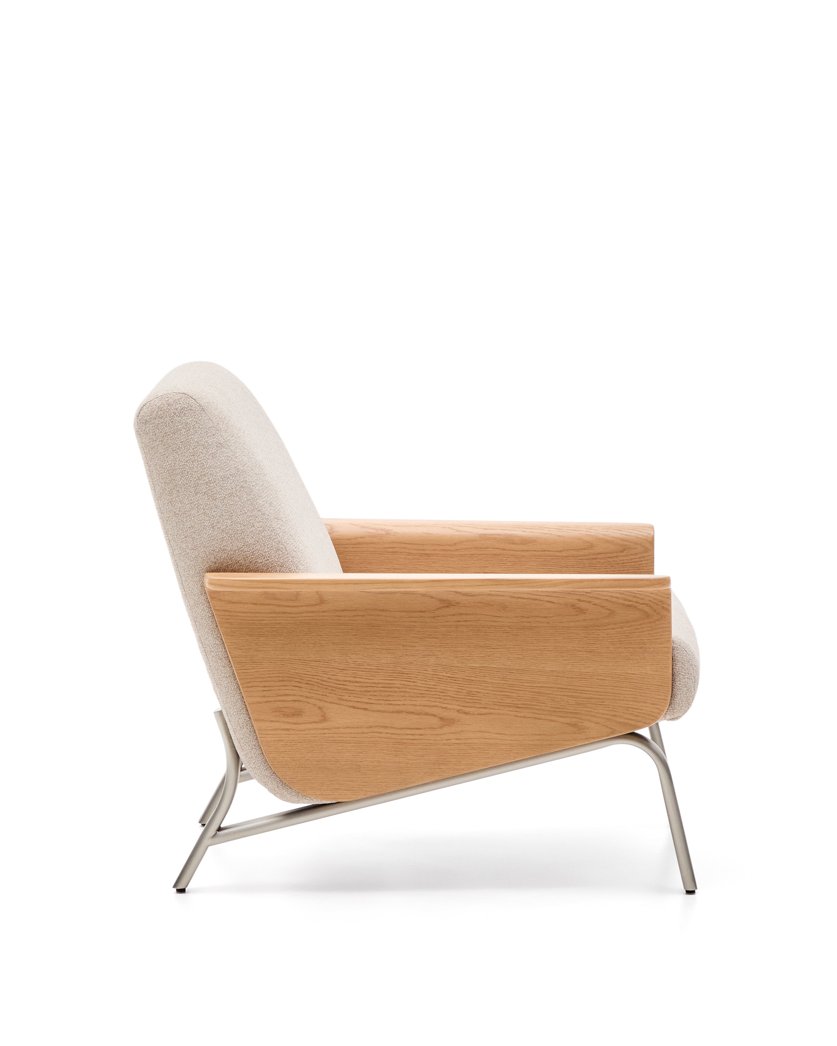 Amsen beige armchair in oak plywood with legs in brushed stainless steel - Product Image