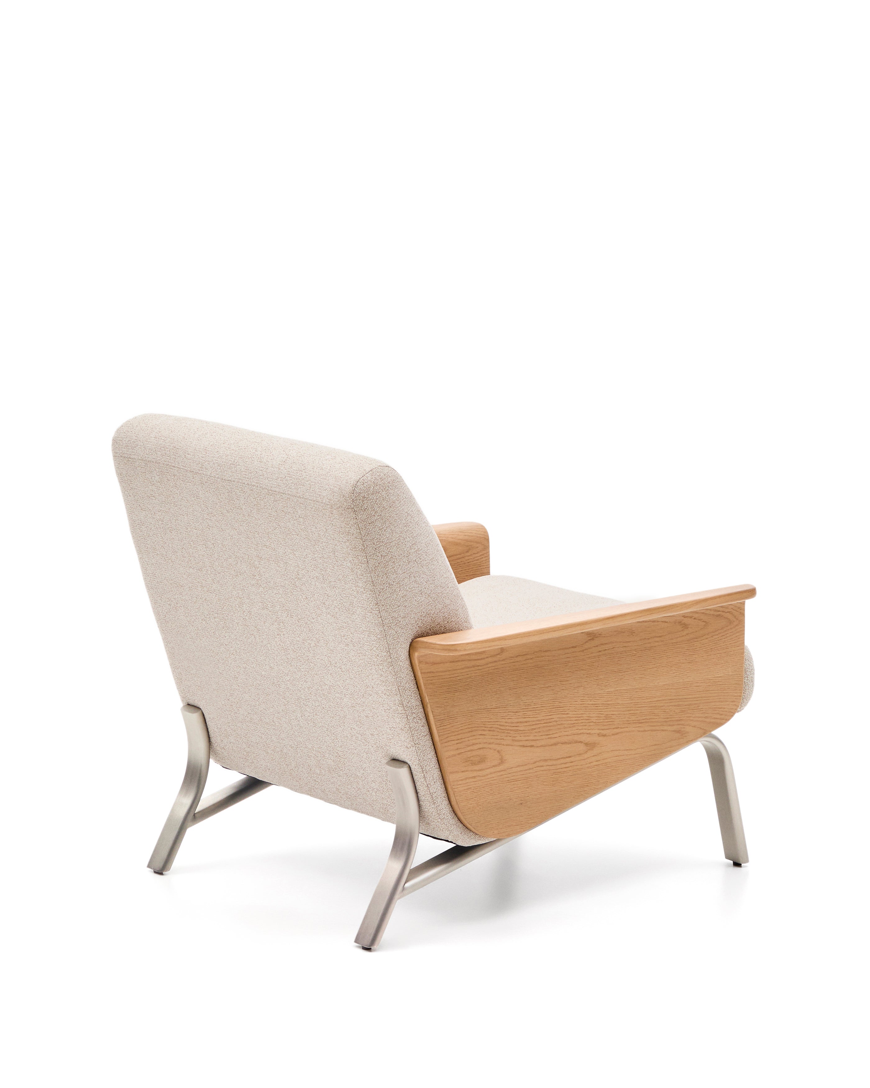 Amsen beige armchair in oak plywood with legs in brushed stainless steel - Product Image