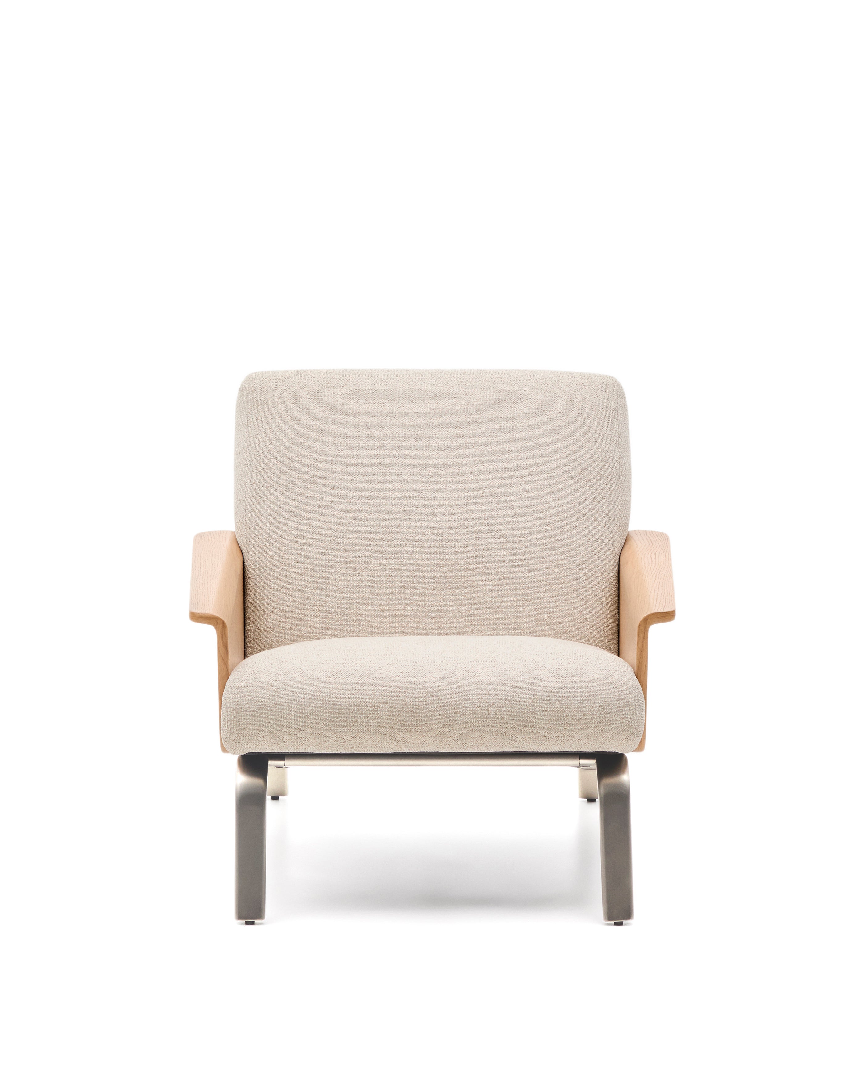 Amsen beige armchair in oak plywood with legs in brushed stainless steel - Product Image