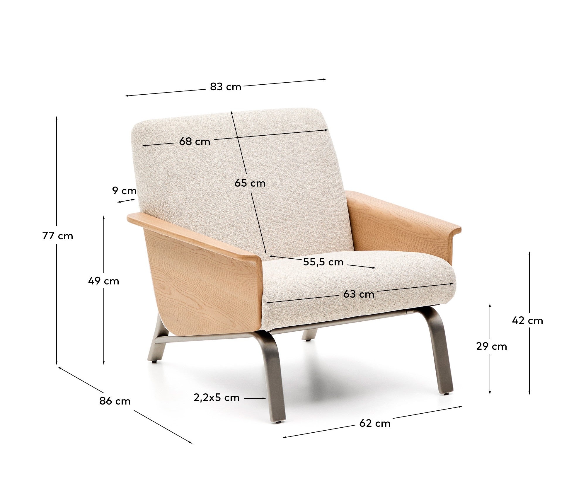 Amsen beige armchair in oak plywood with legs in brushed stainless steel - Measurements
