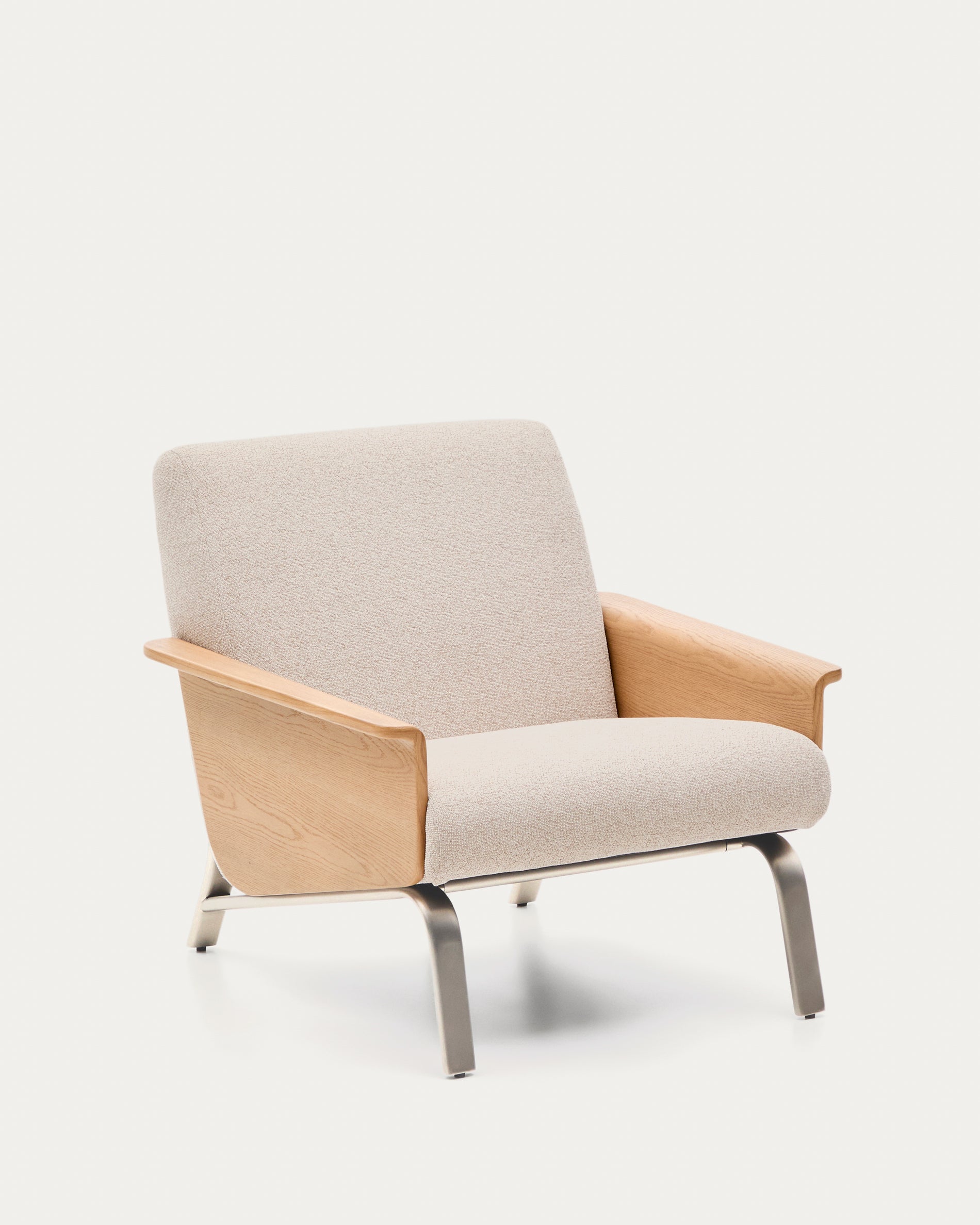 Amsen beige armchair in oak plywood with legs in brushed stainless steel - Product View