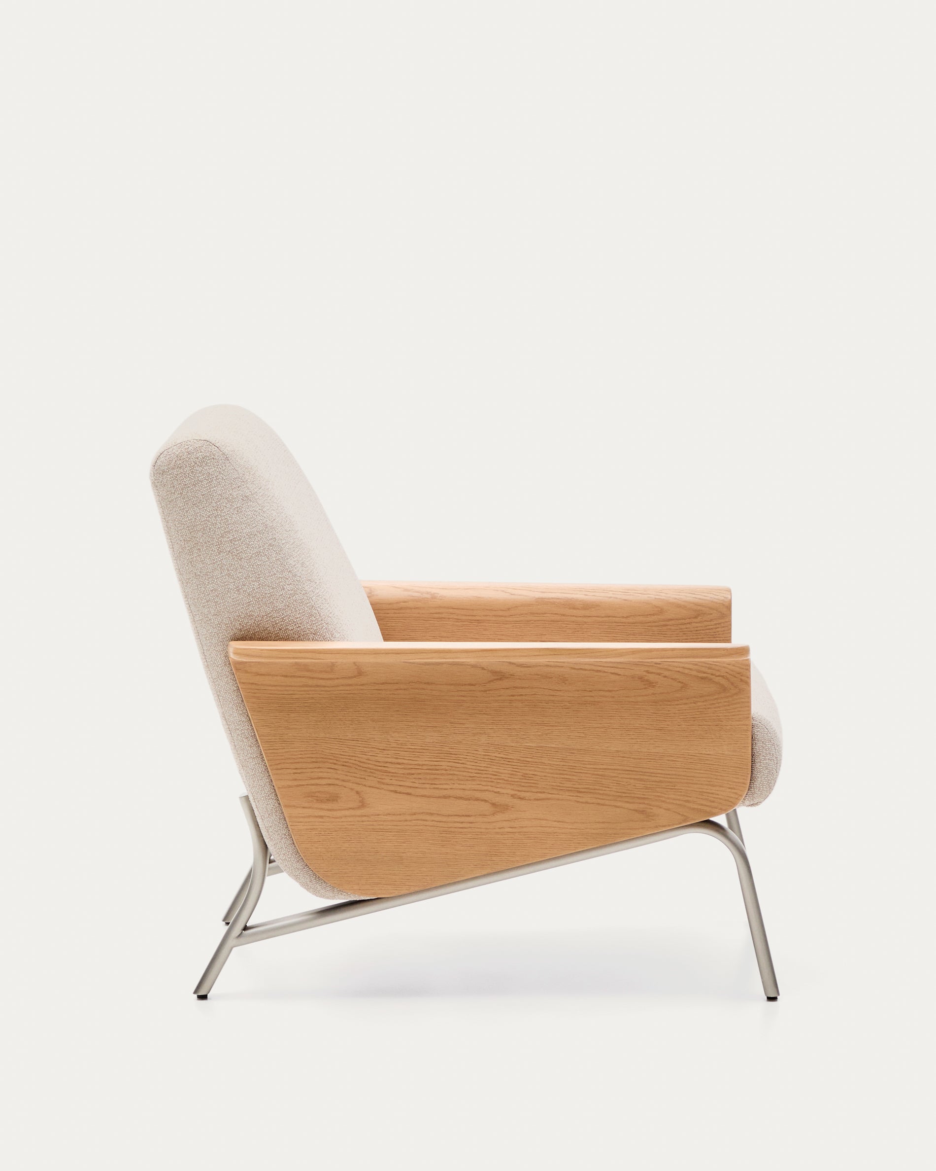 Amsen beige armchair in oak plywood with legs in brushed stainless steel - Product View
