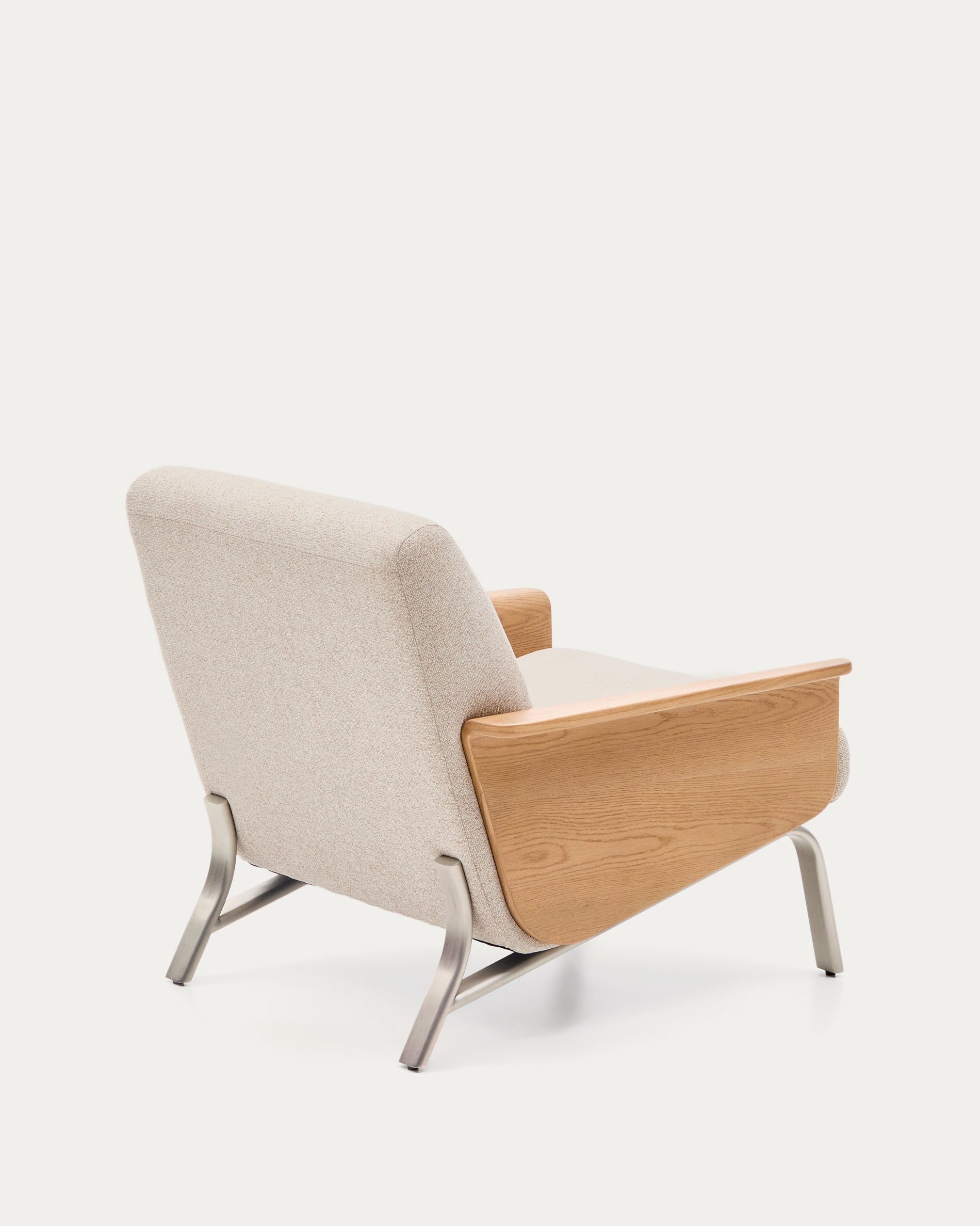 Amsen beige armchair in oak plywood with legs in brushed stainless steel - Product View