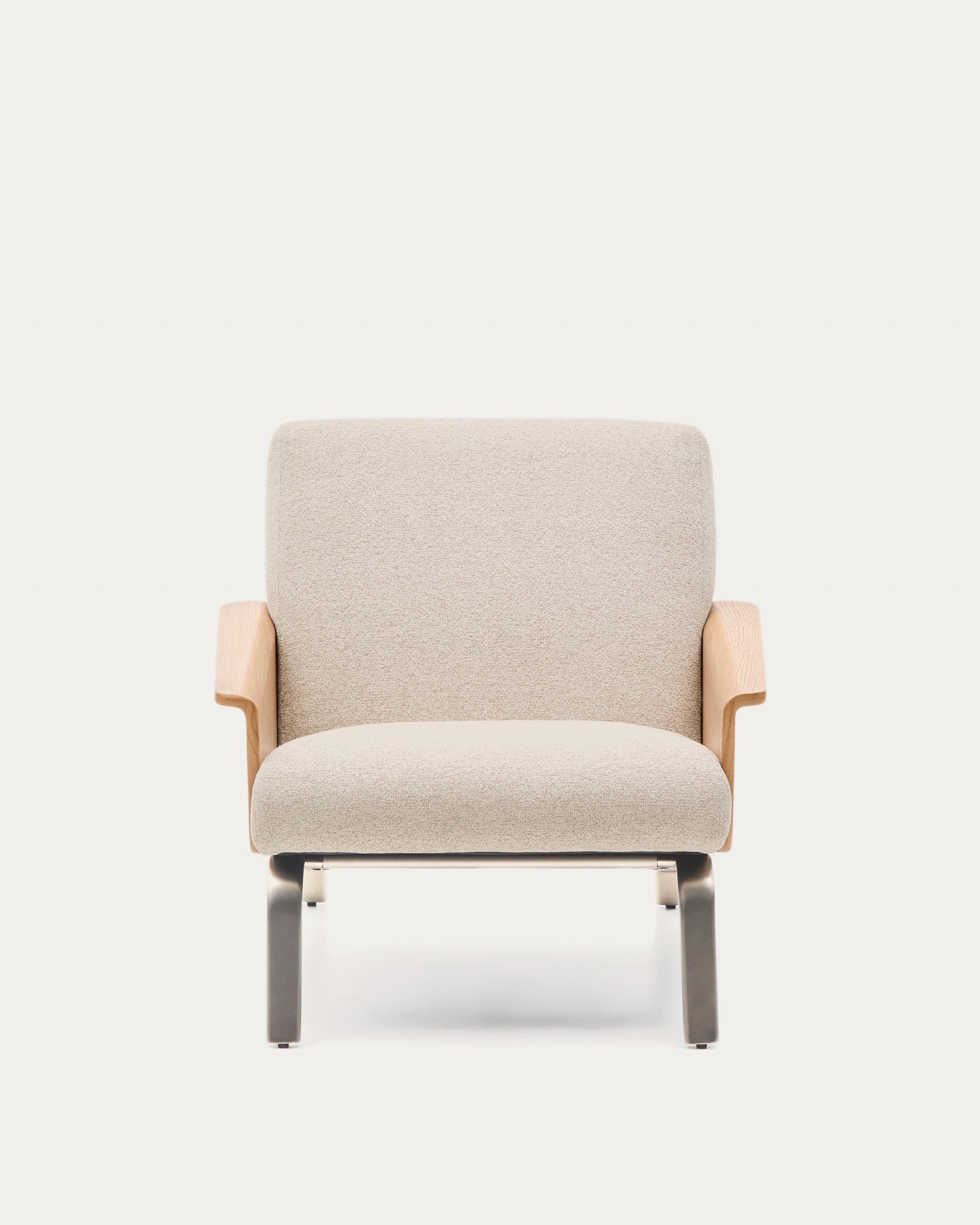 Amsen beige armchair in oak plywood with legs in brushed stainless steel - Product View