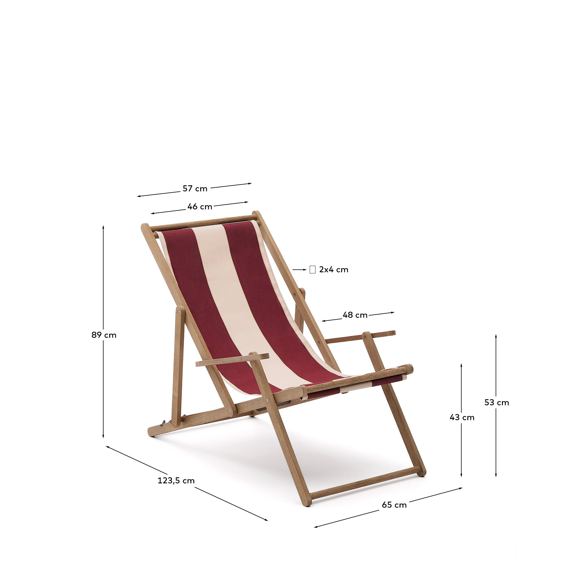 Vilara burgundy and beige striped outdoor folding deck chair made of FSC 100% solid acacia wood - Measurements