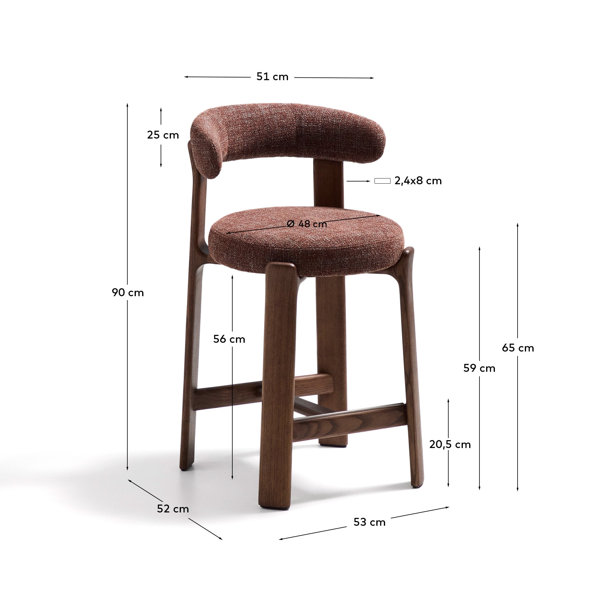 Granite stool in brown chenille and solid ash wood with walnut-coloured finish FSC 100% 65cm - Measurements