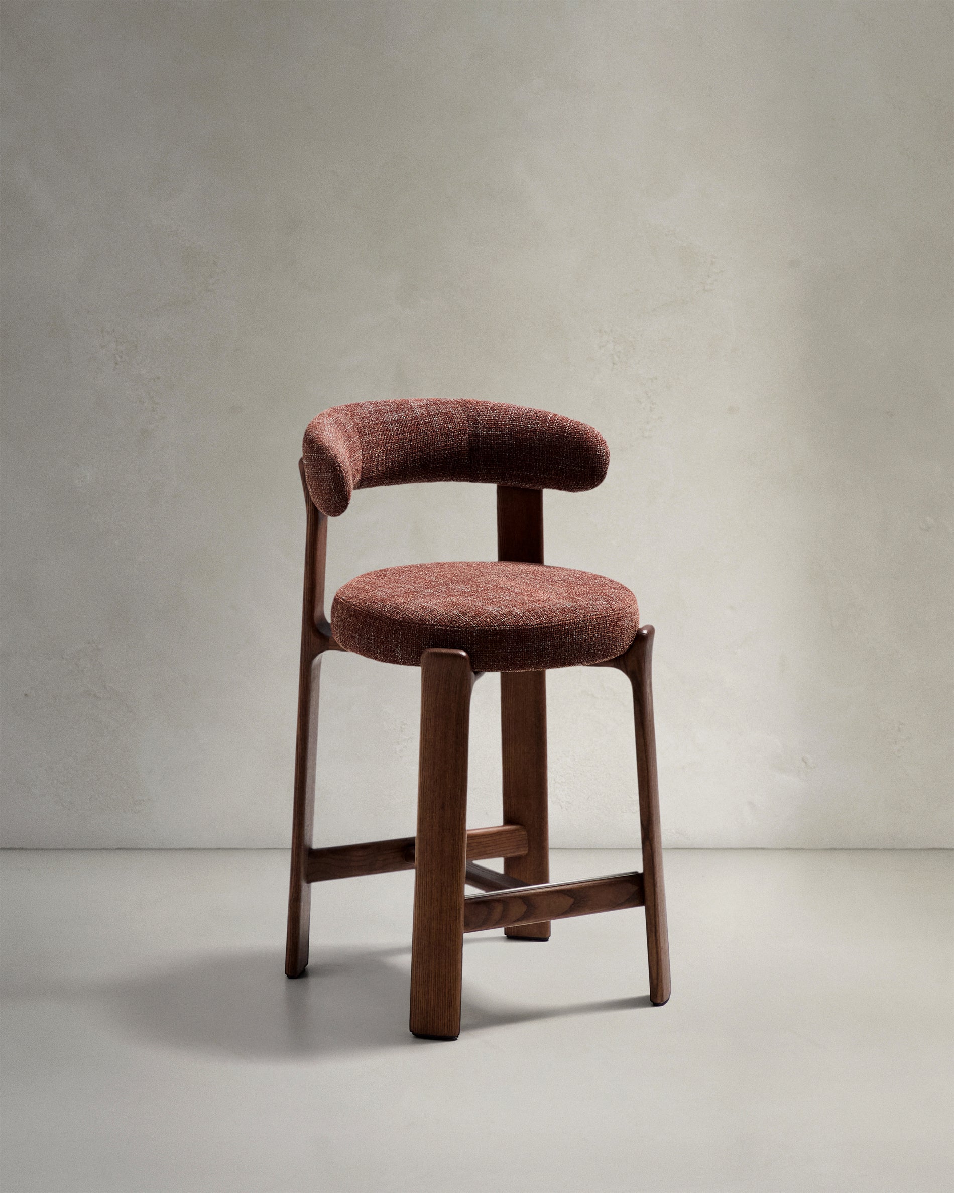Granite stool in brown chenille and solid ash wood with walnut-coloured finish FSC 100% 65cm - Product View
