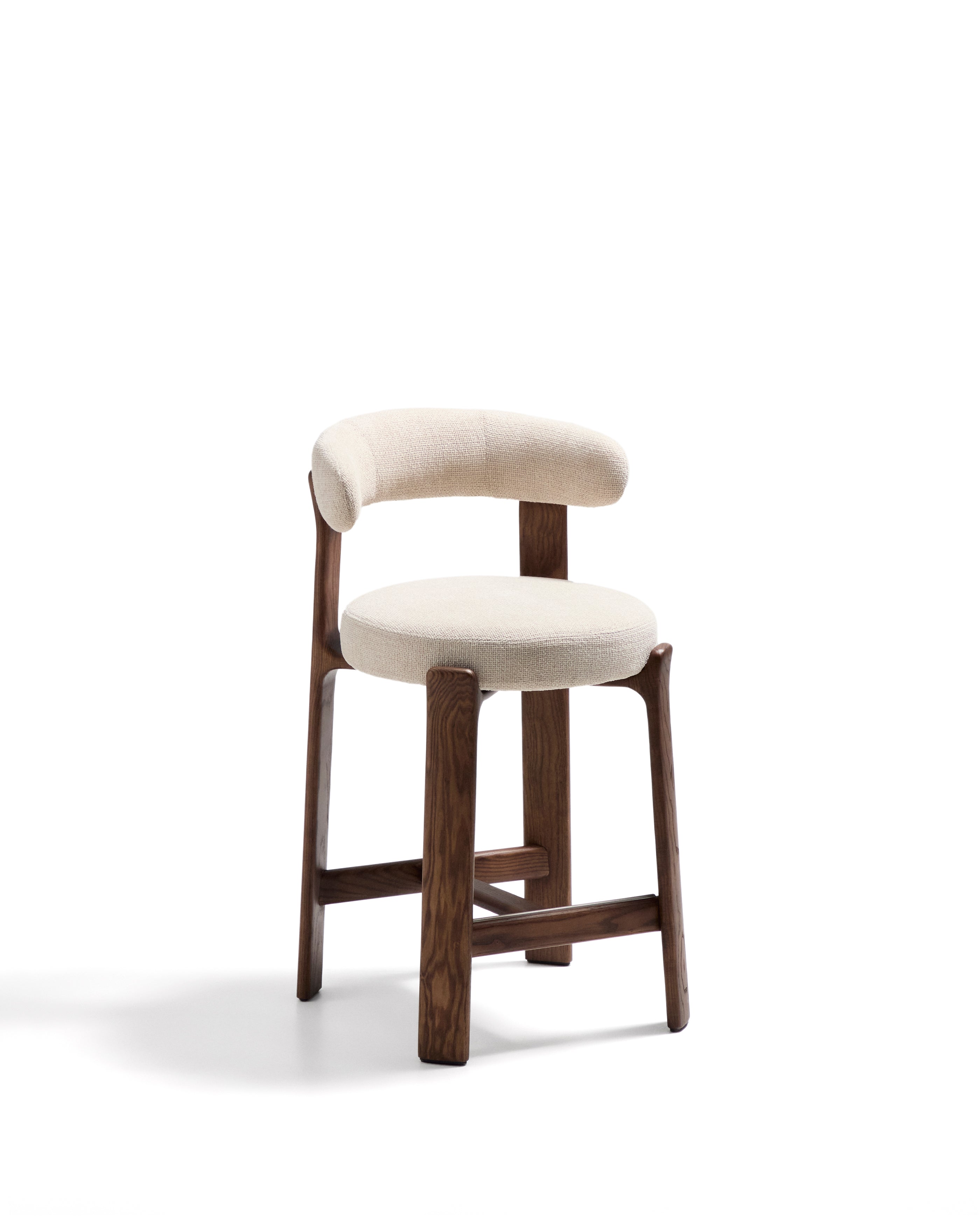 Granite stool in beige chenille and solid ash wood with walnut-coloured finish FSC 100% 65cm - Product Image