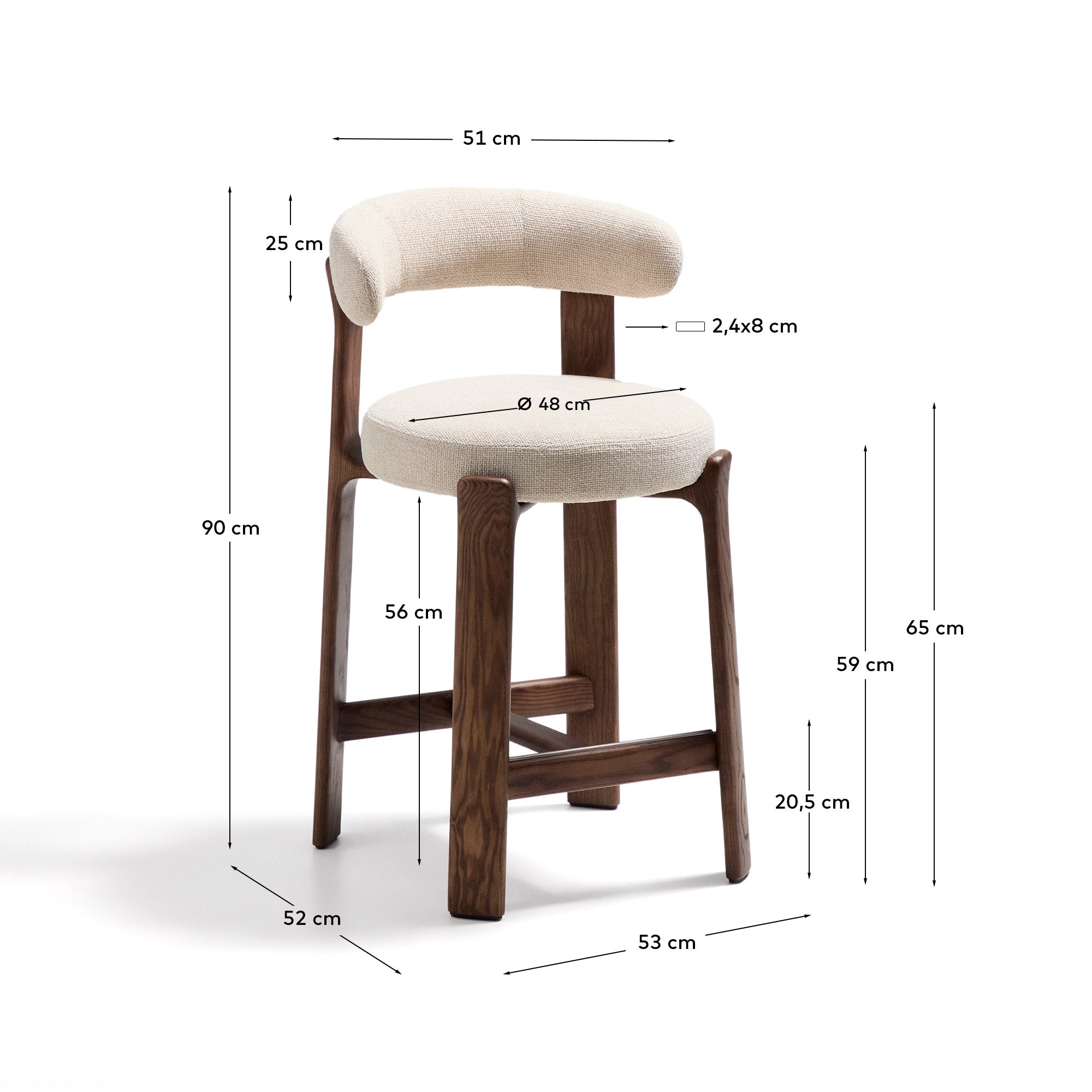Granite stool in beige chenille and solid ash wood with walnut-coloured finish FSC 100% 65cm - Measurements