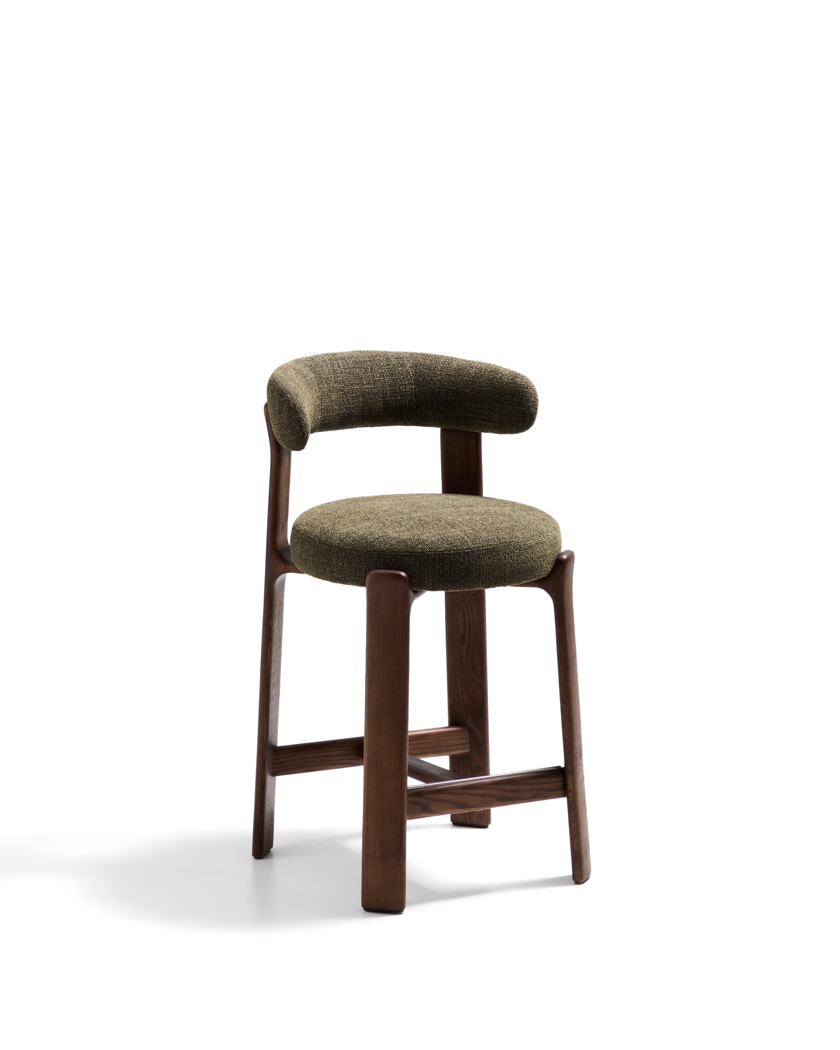Granite stool in green chenille and solid ash wood with walnut-coloured finish FSC 100% 65cm - Product Image