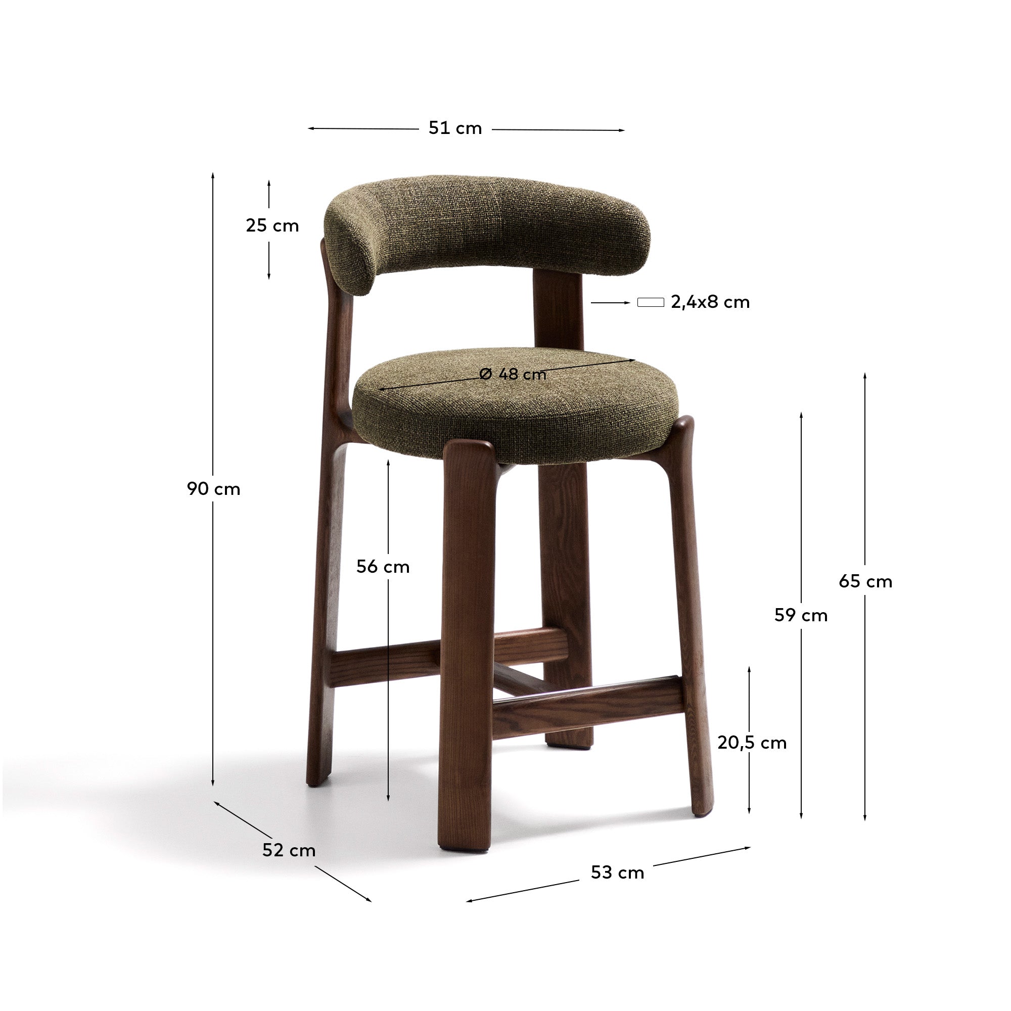 Granite stool in green chenille and solid ash wood with walnut-coloured finish FSC 100% 65cm - Measurements