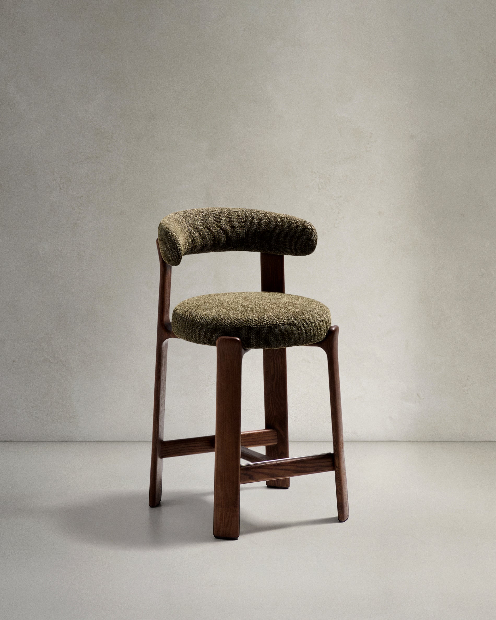 Granite stool in green chenille and solid ash wood with walnut-coloured finish FSC 100% 65cm - Product View
